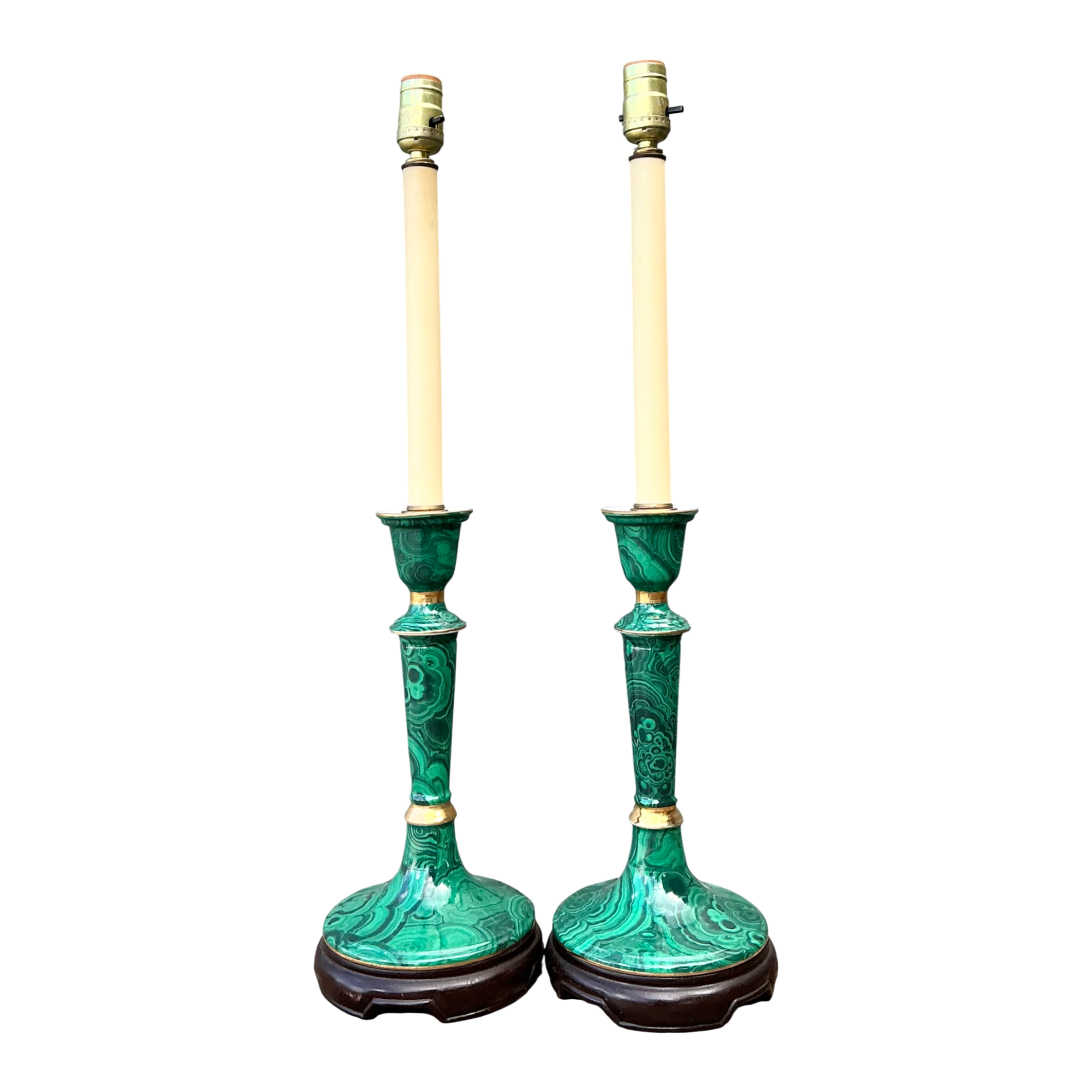 Vintage Green Lacquered Candlestick Table Lamps - Pair