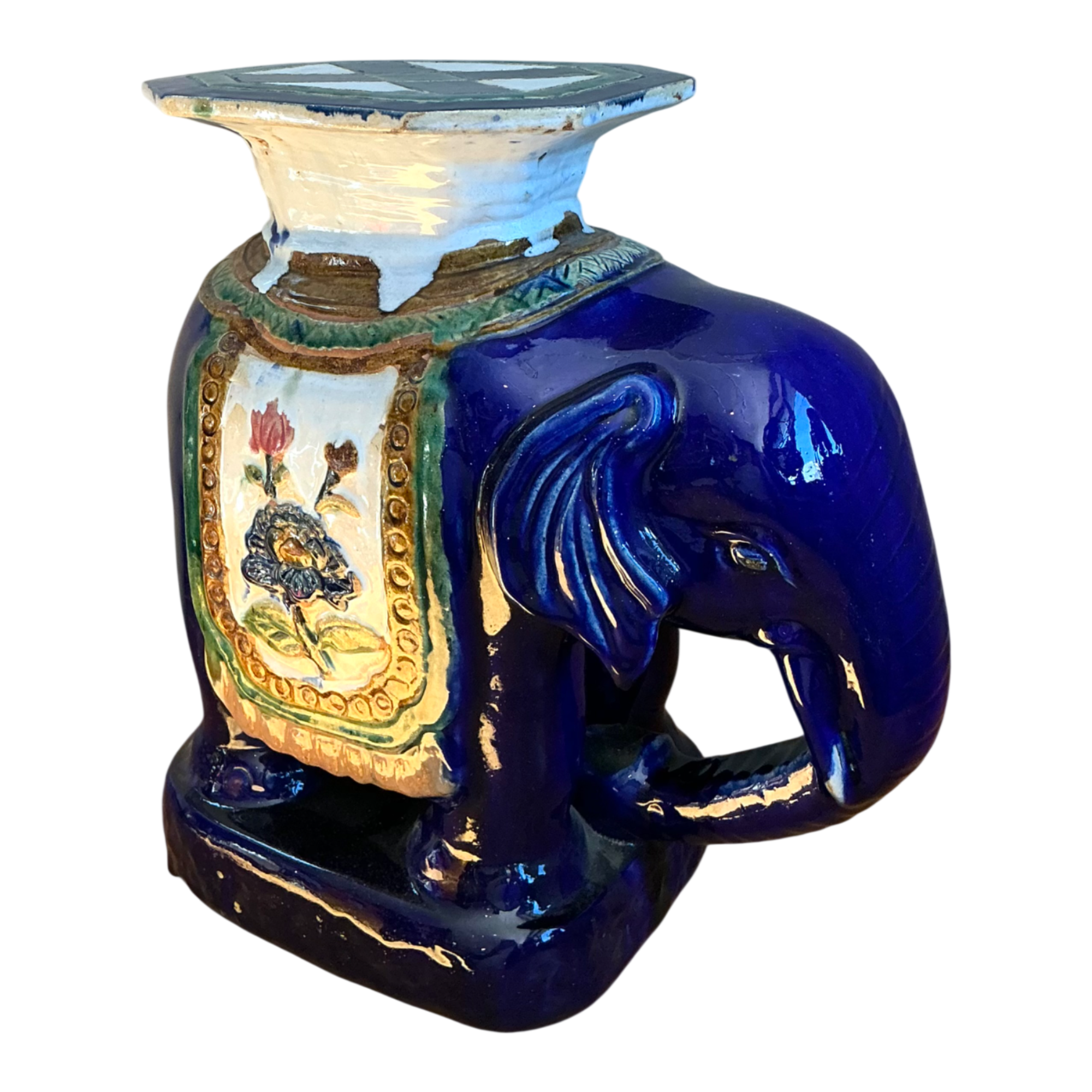 Vintage Painted Terracotta Elephant Low Stool