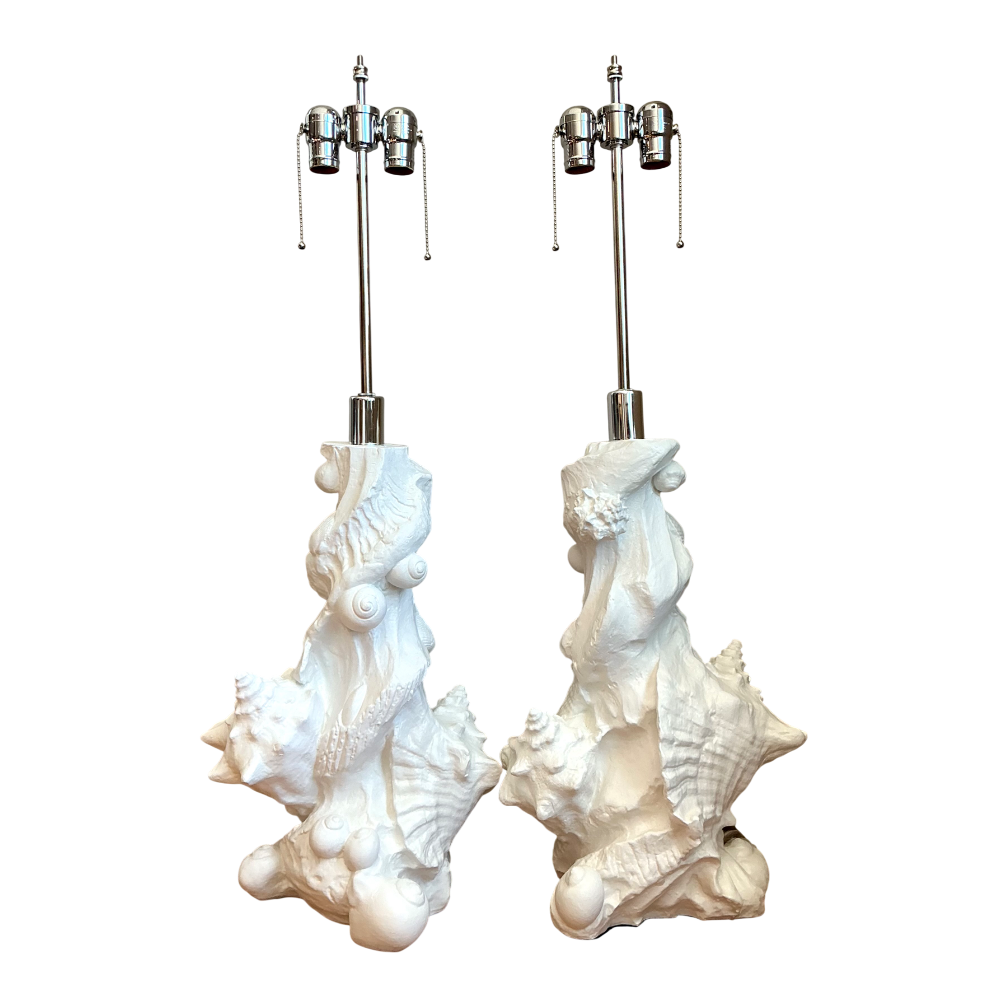 Vintage White Plaster Shell Table Lamps - Pair