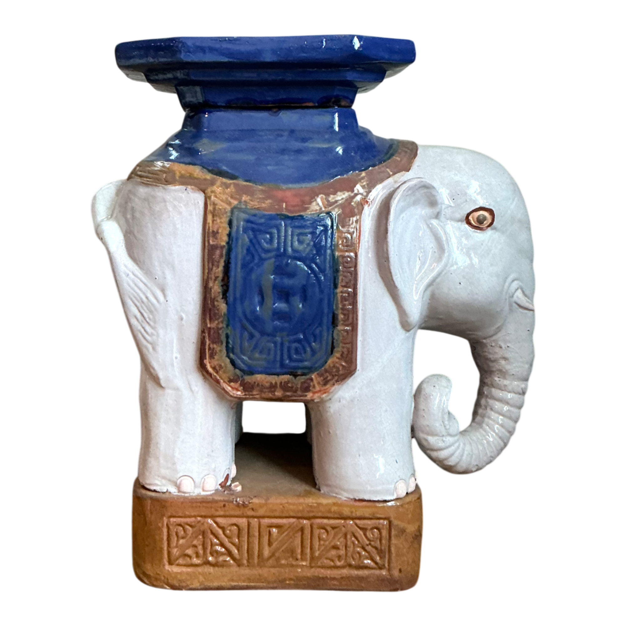 Vintage Glazed Ceramic Elephant Low Stool