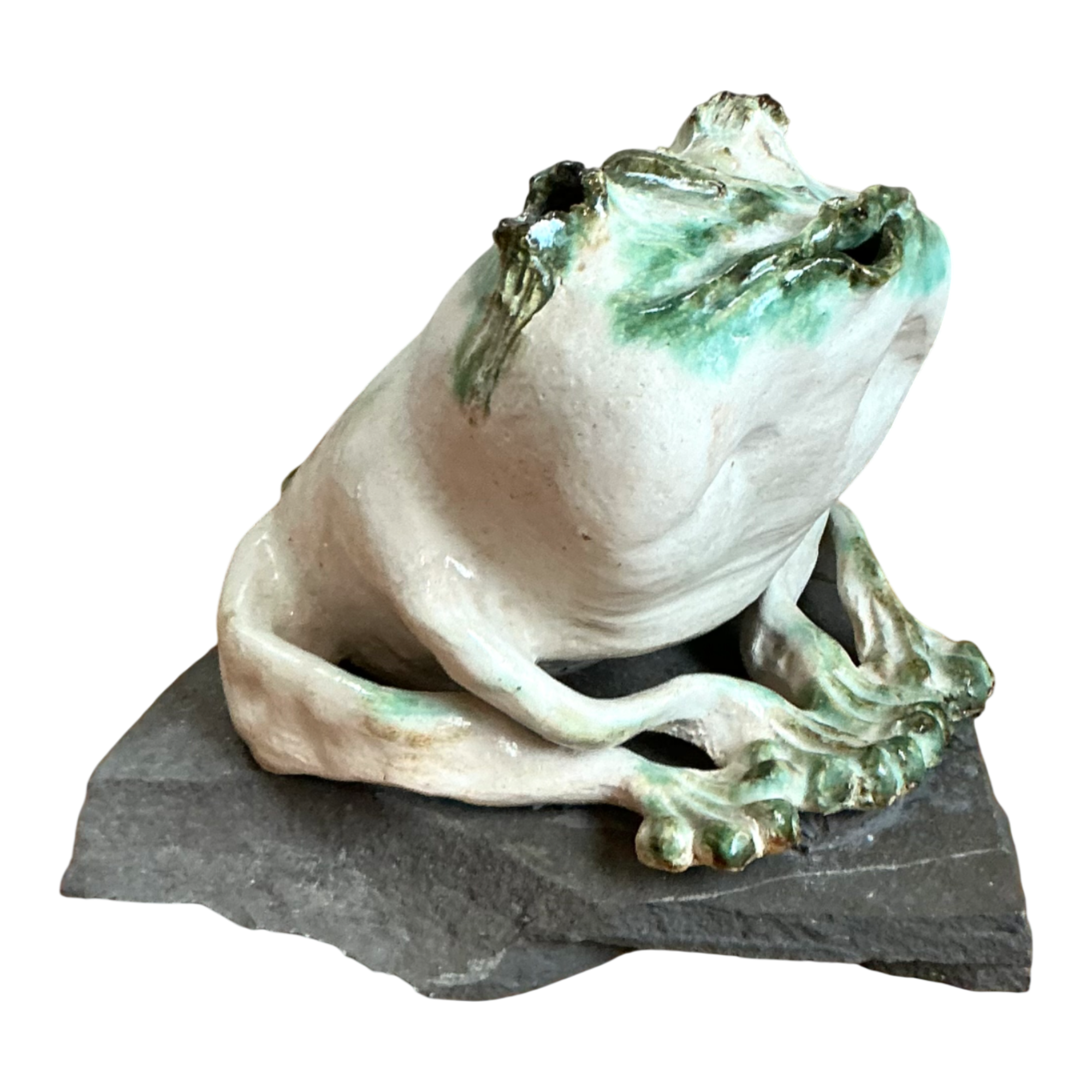 Vintage Ceramic Frog Sculpture on Stone Base