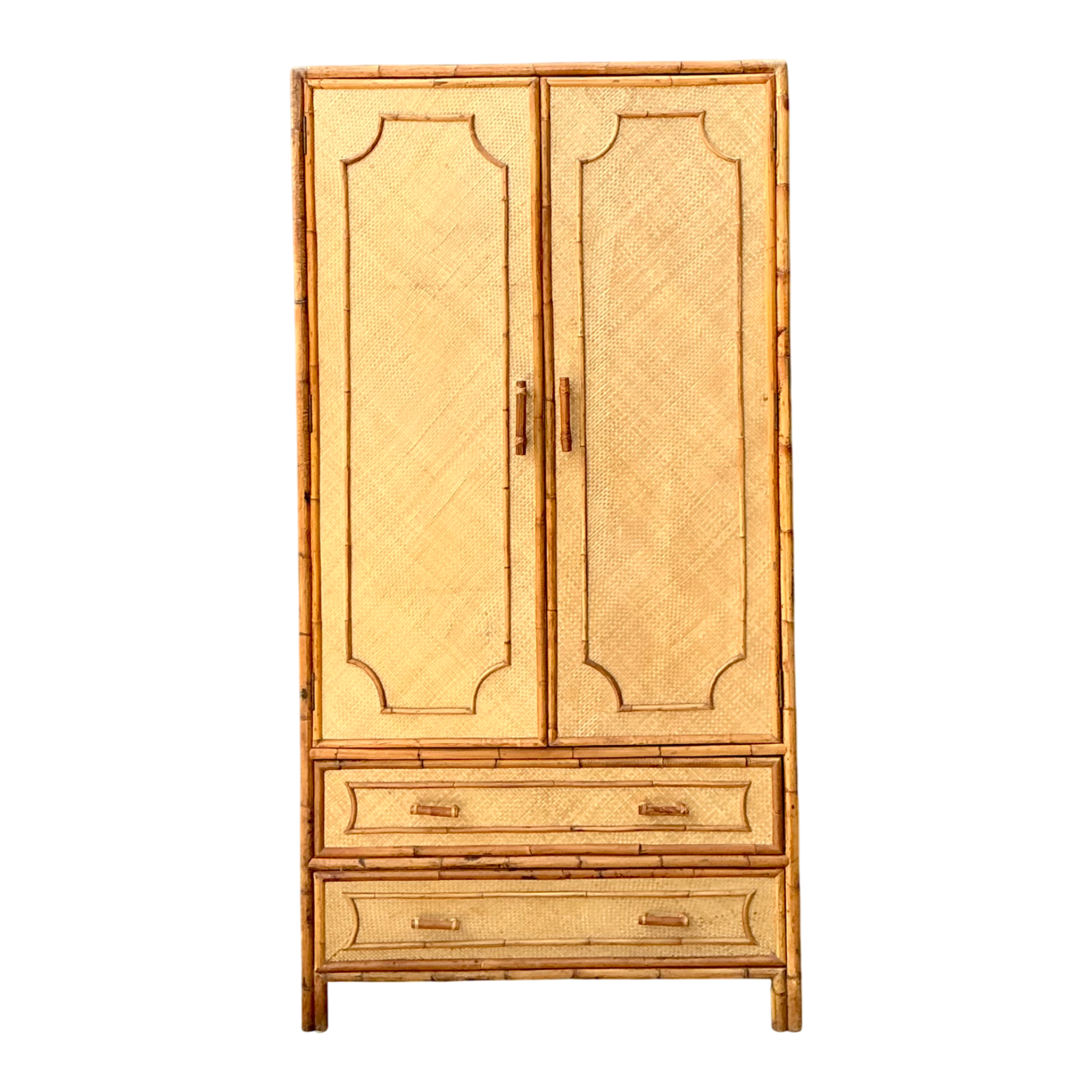 Vintage Notched Bamboo and Rattan Armoire