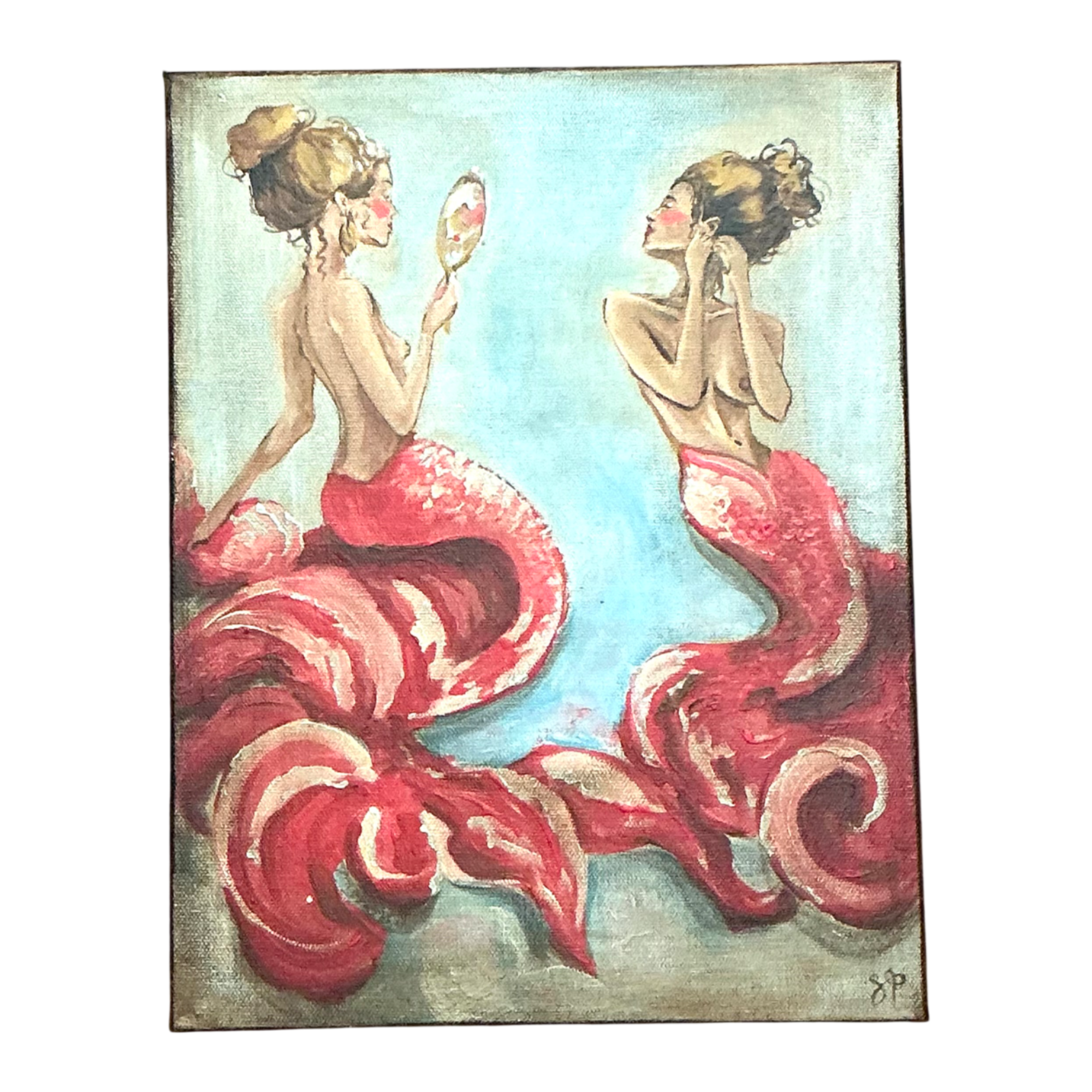 Vintage Oil Painting of Mermaids with Hand Mirrors