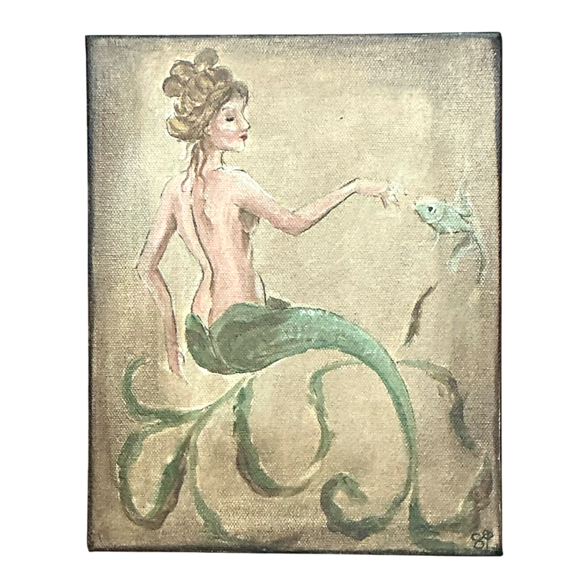 Vintage Oil Painting of Mermaid on Canvas