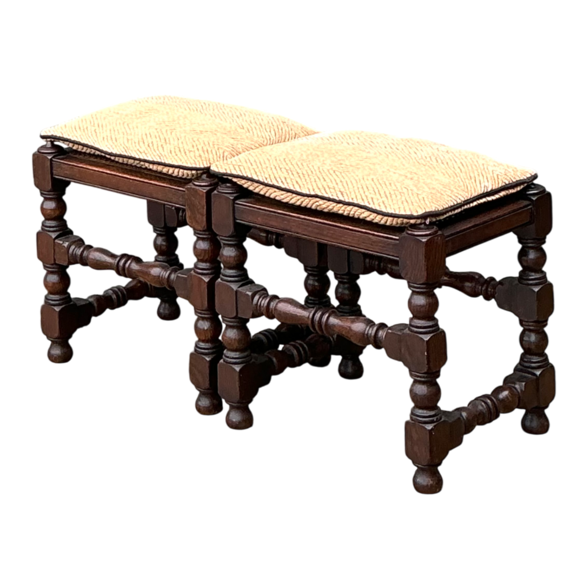 Vintage Turned Wood Low Stools with Caning