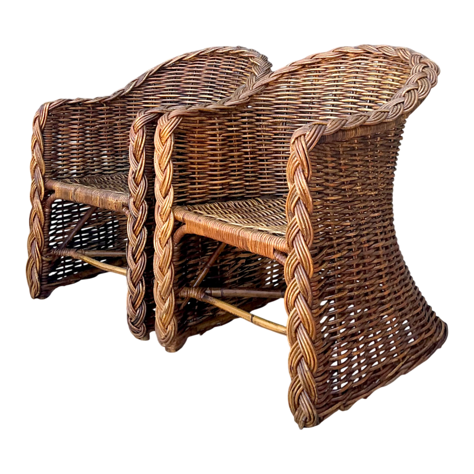 Vintage Woven Rattan Lounge Chairs - Pair