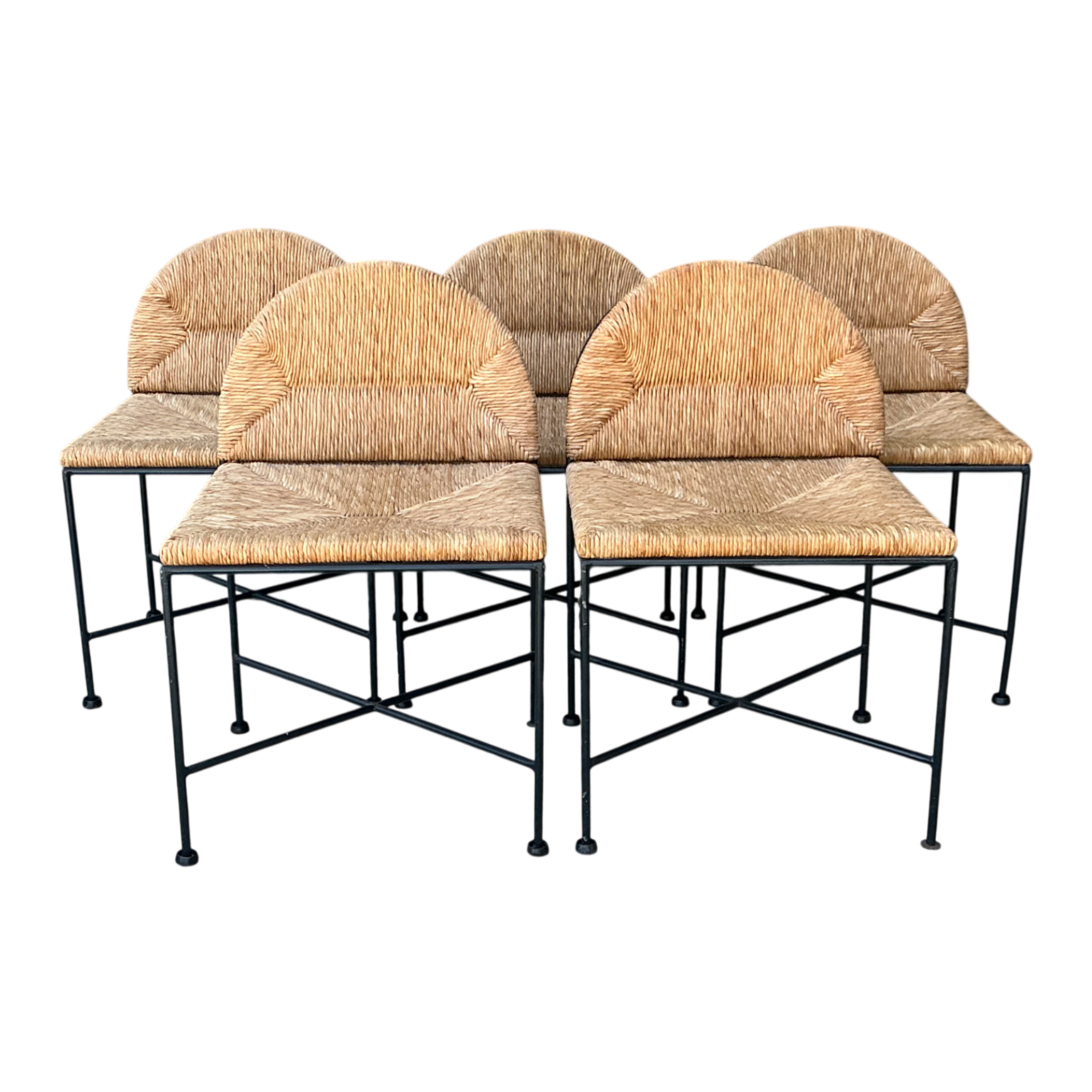Vintage Woven Rush and Metal Dining Chairs - Set of 5