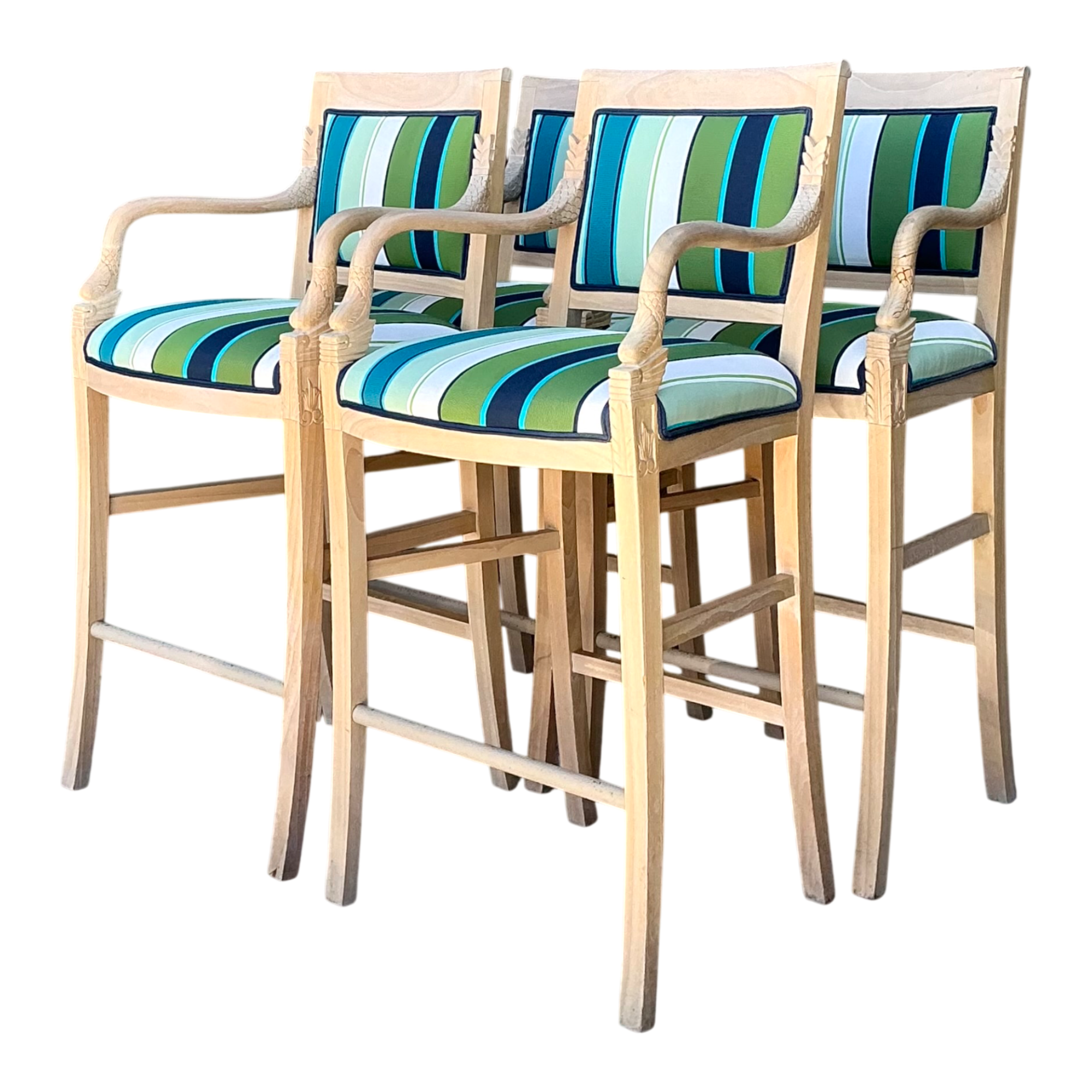 Vintage Carved Dolphin and Fabric Bar Stools - Set of 4