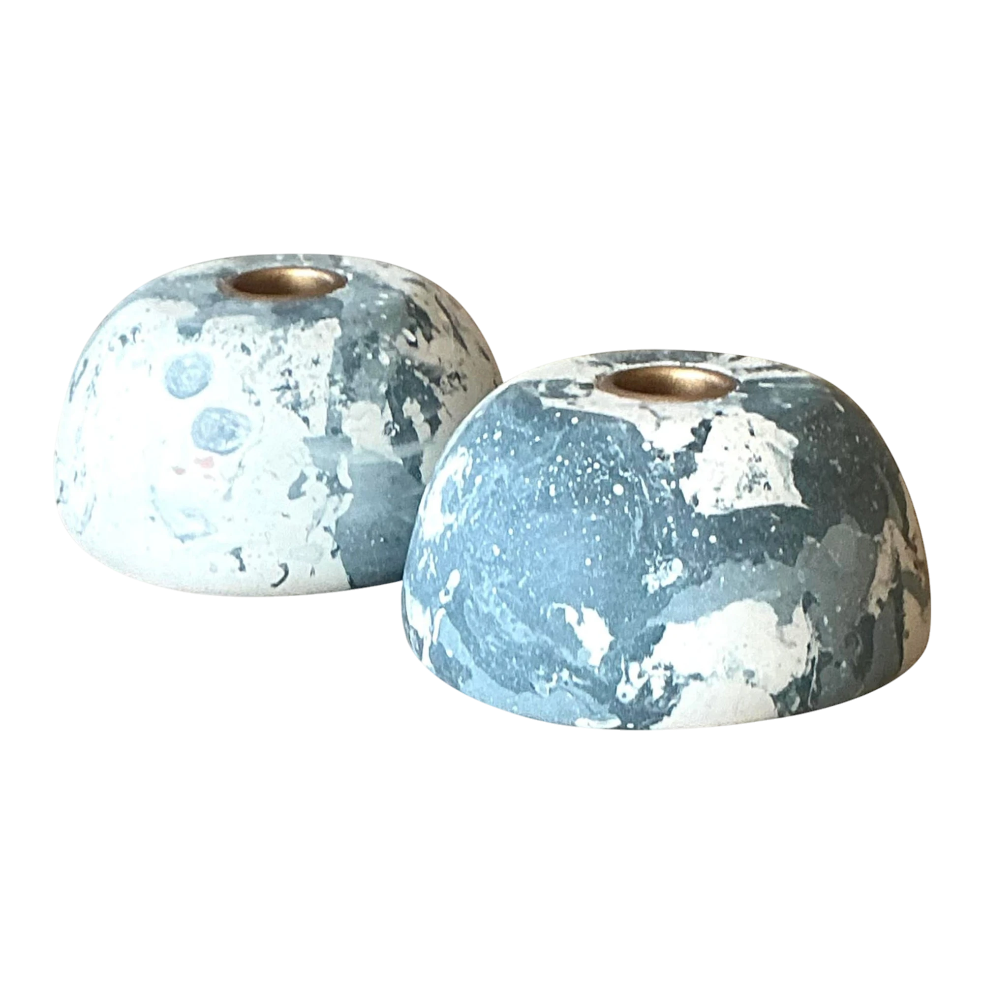 Boho Artisan Pigmented Plaster Scagliola Low Dome Candlestick Holders - Set of 2