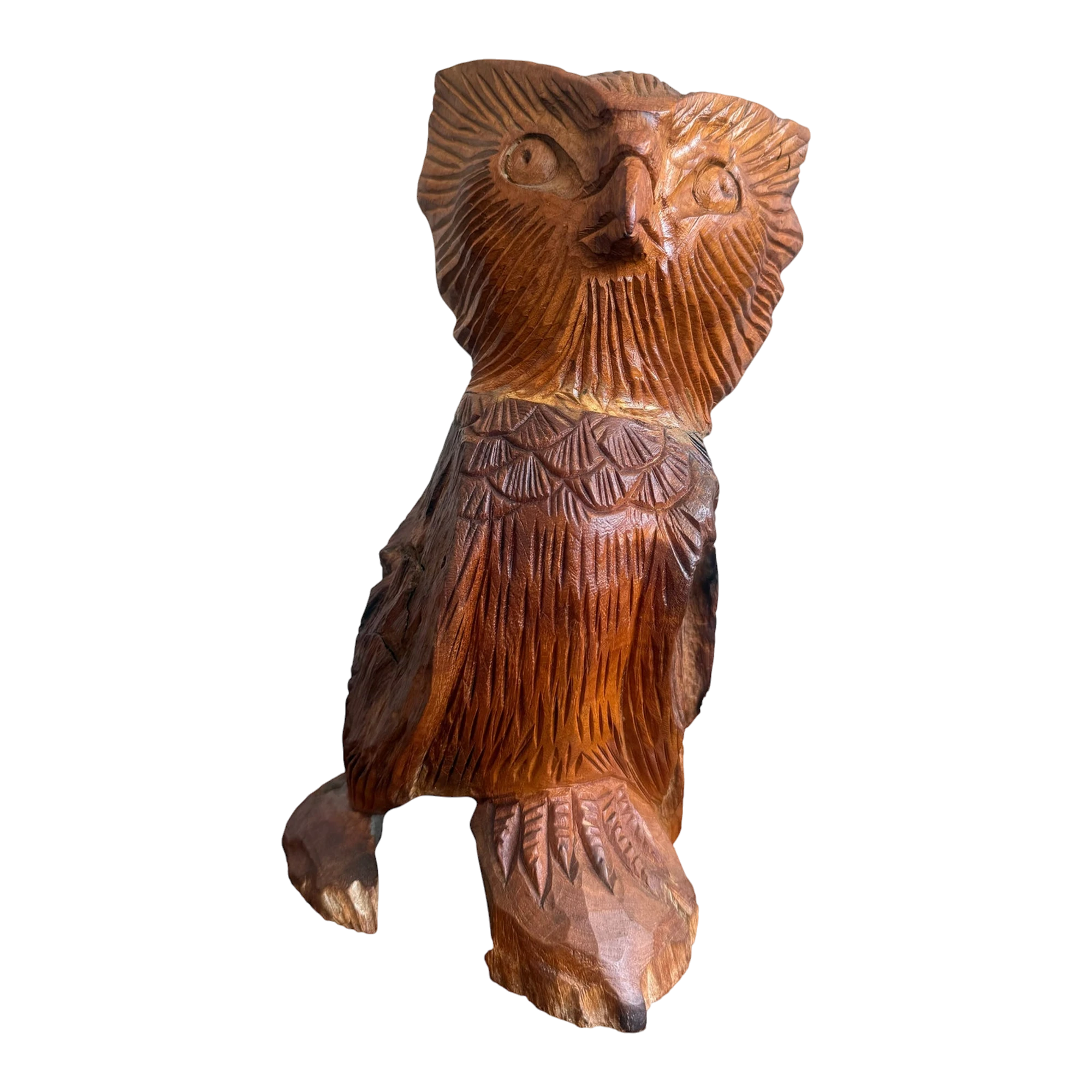 Boho Hand-Carved Wooden Owl Sculpture