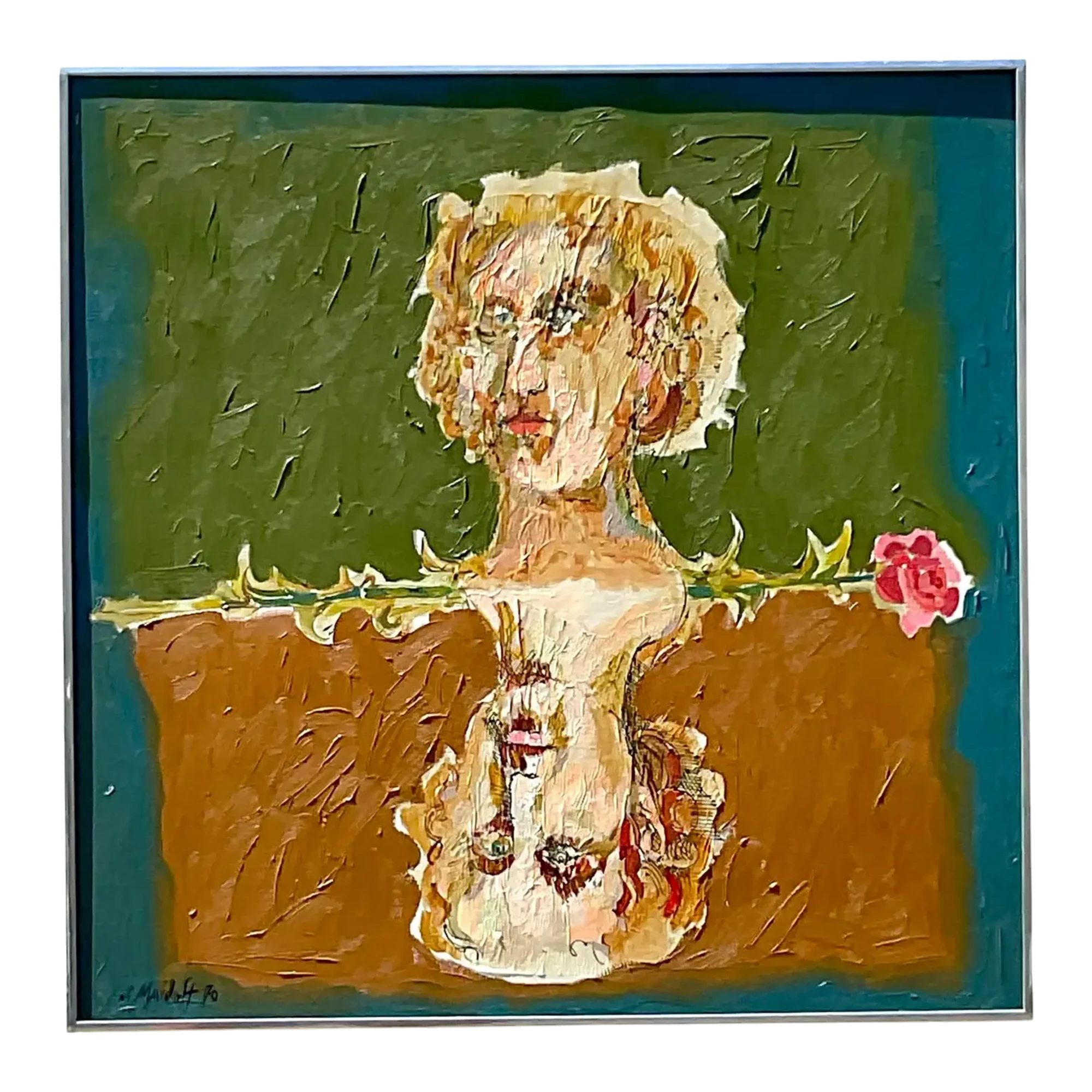 Late 20th Century Vintage Boho Abstract Figural Oil on Canvas Original Painting, Framed