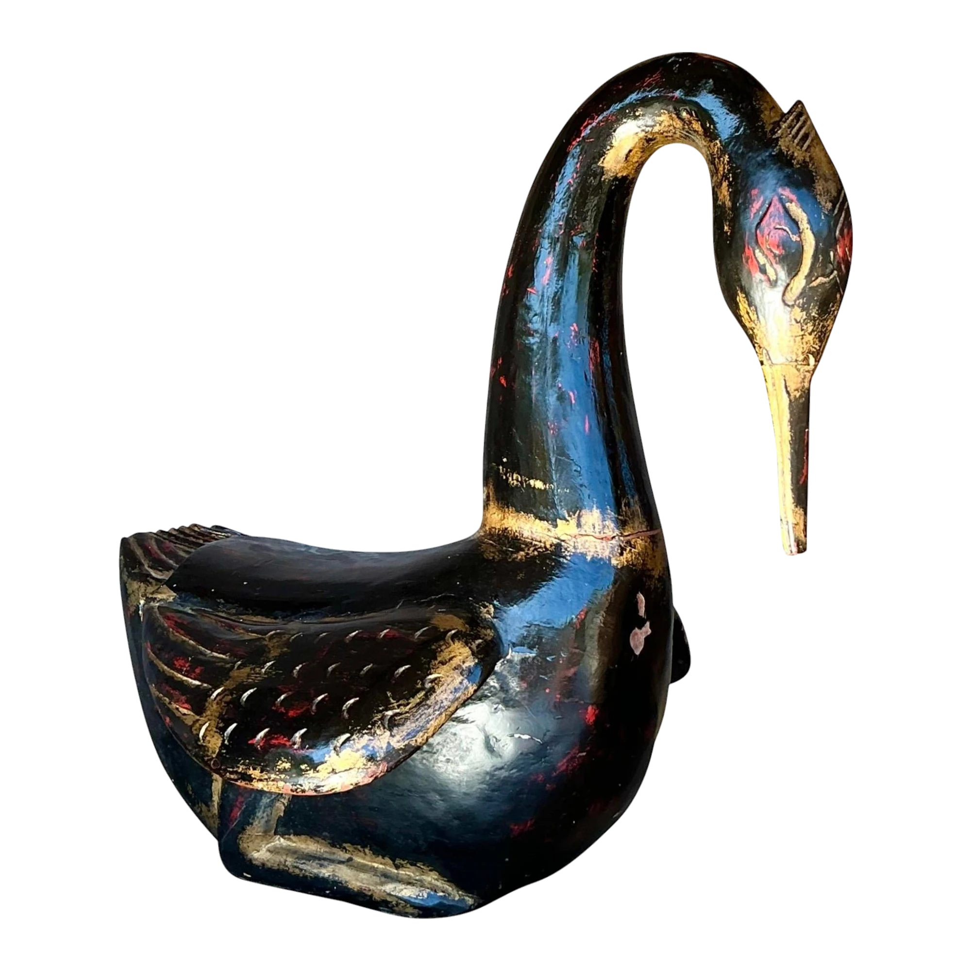 Late 20th Century Vintage Boho Hand Painted Carved Wood Swan