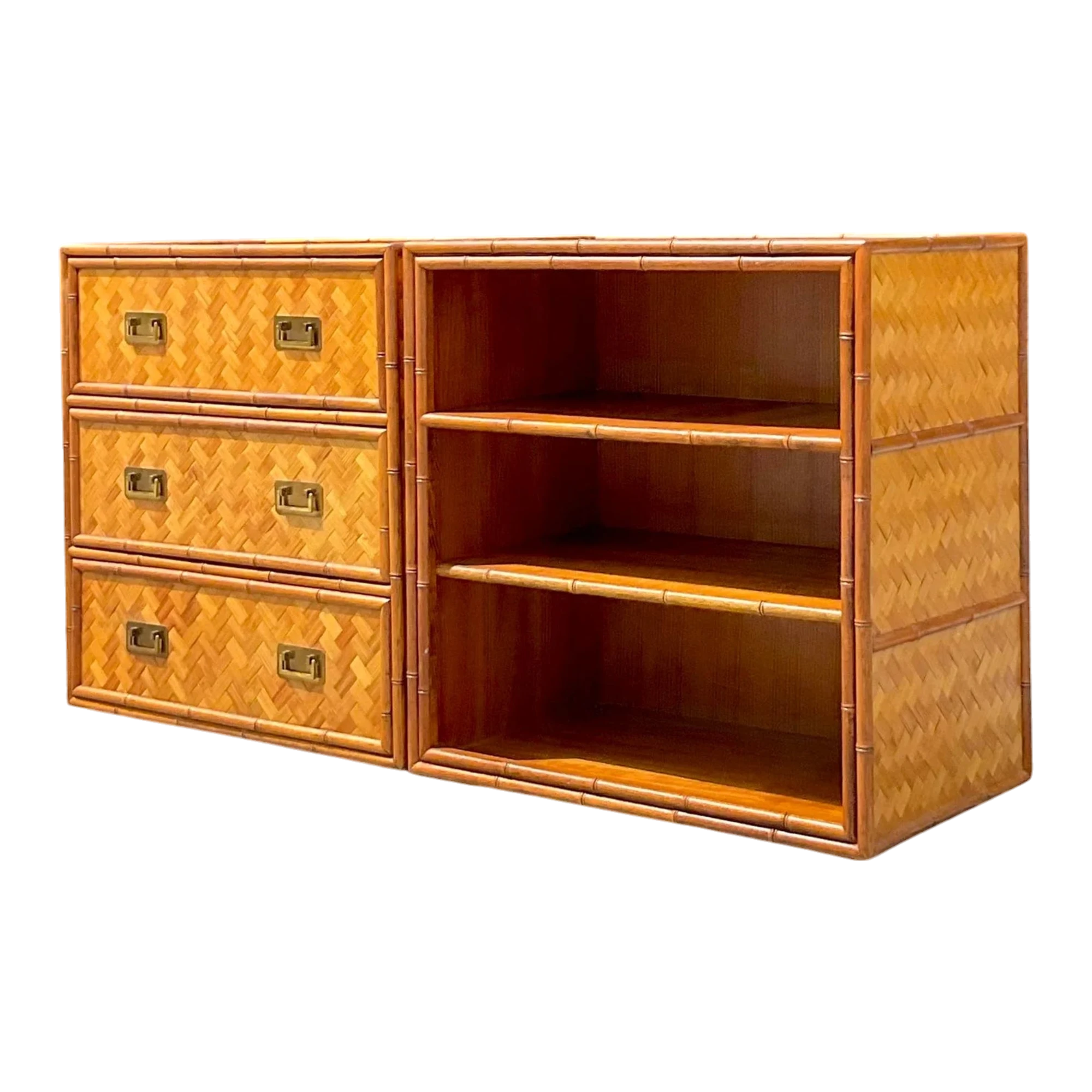 Late 20th Century Vintage Coastal Parquet Rattan Credenza Set of 2