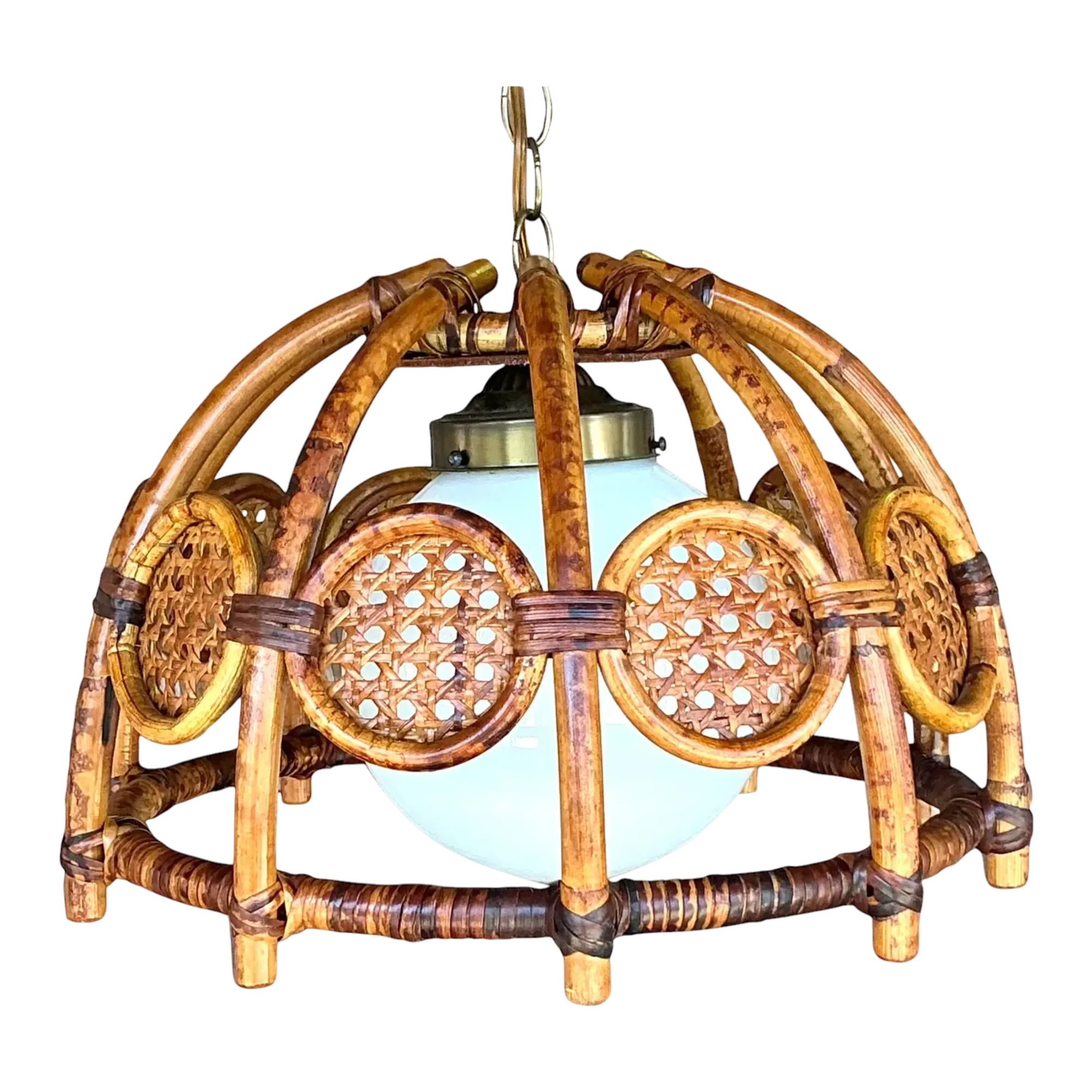 Mid 20th Century Boho Bent Bamboo and Cane Chandelier