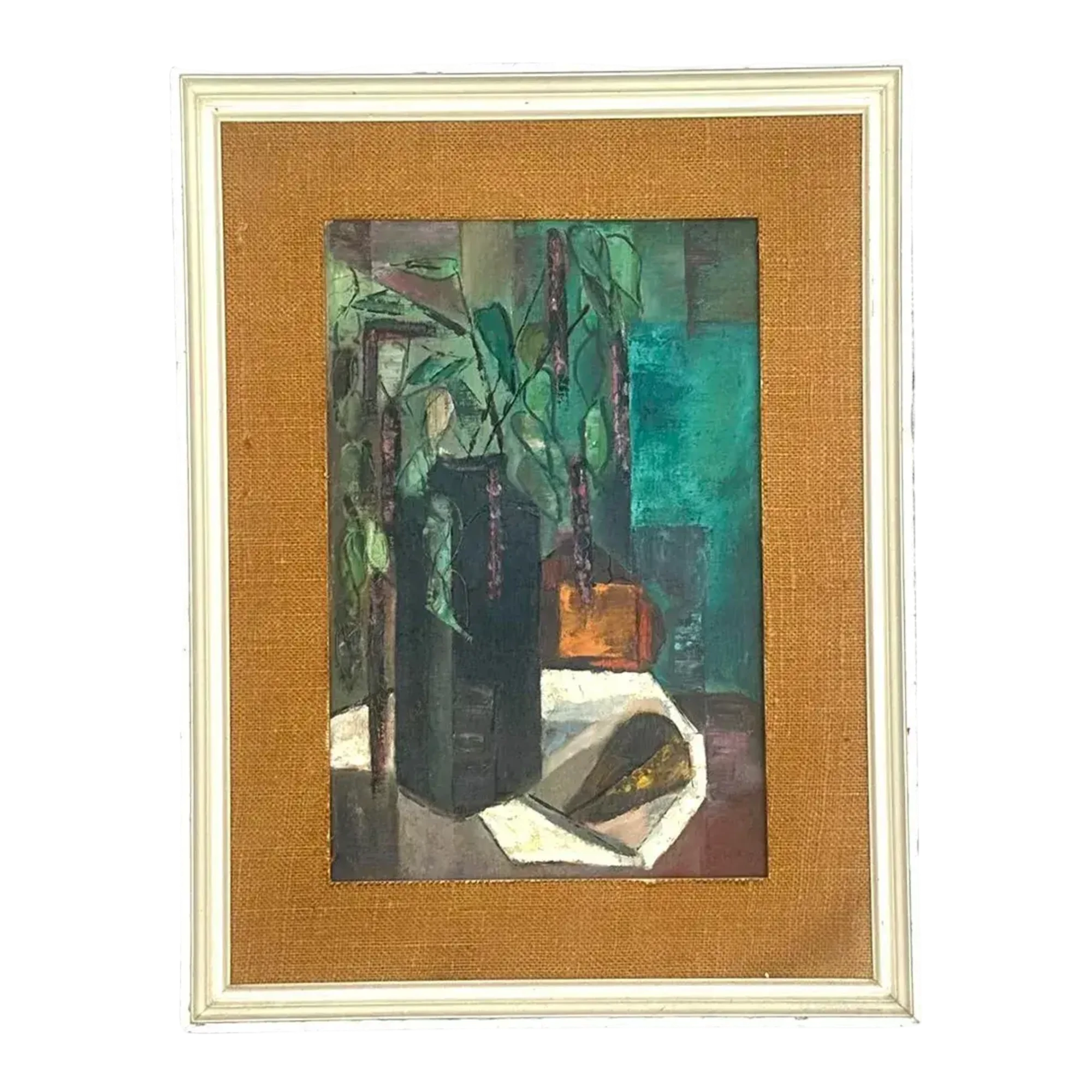 Mid 20th Century Vintage Boho Abstract Expressionist Still Life Oil Painting