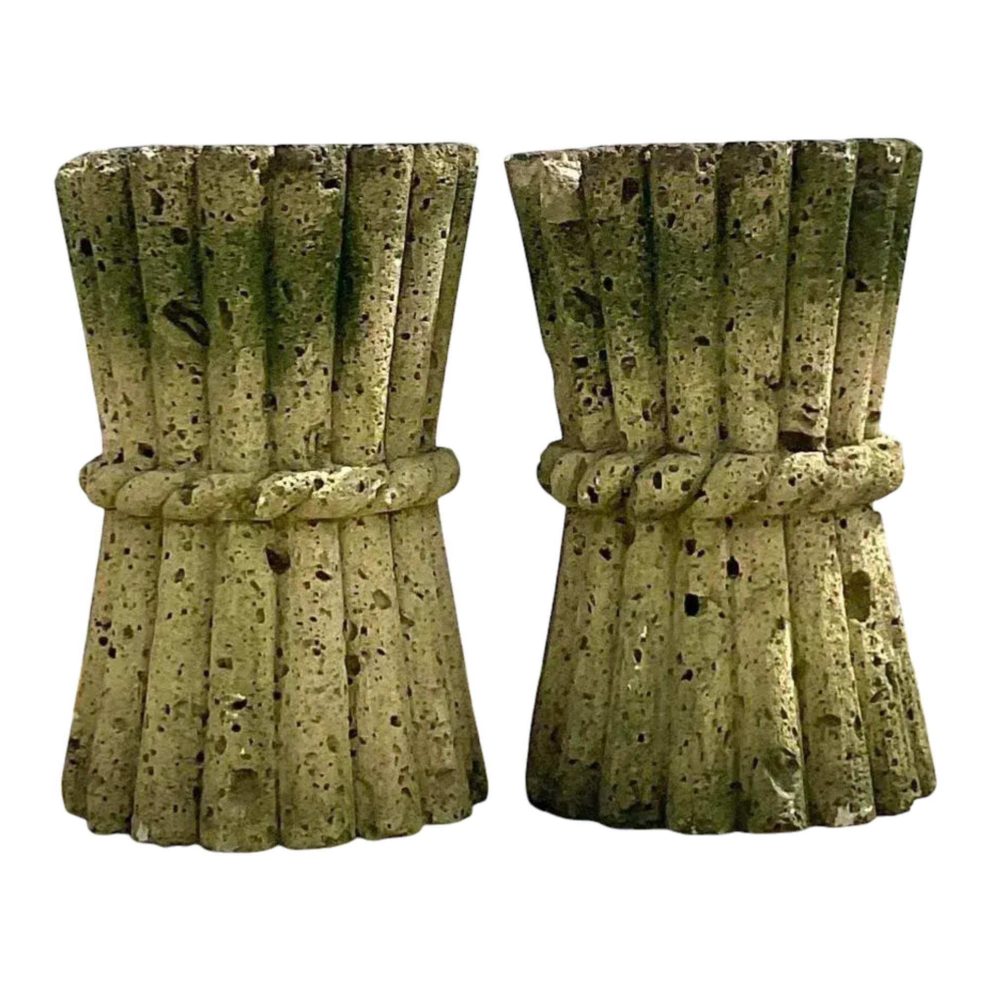 Mid 20th Century Vintage Boho Cut Coquina Stone Bamboo Table Pedestals - a Pair