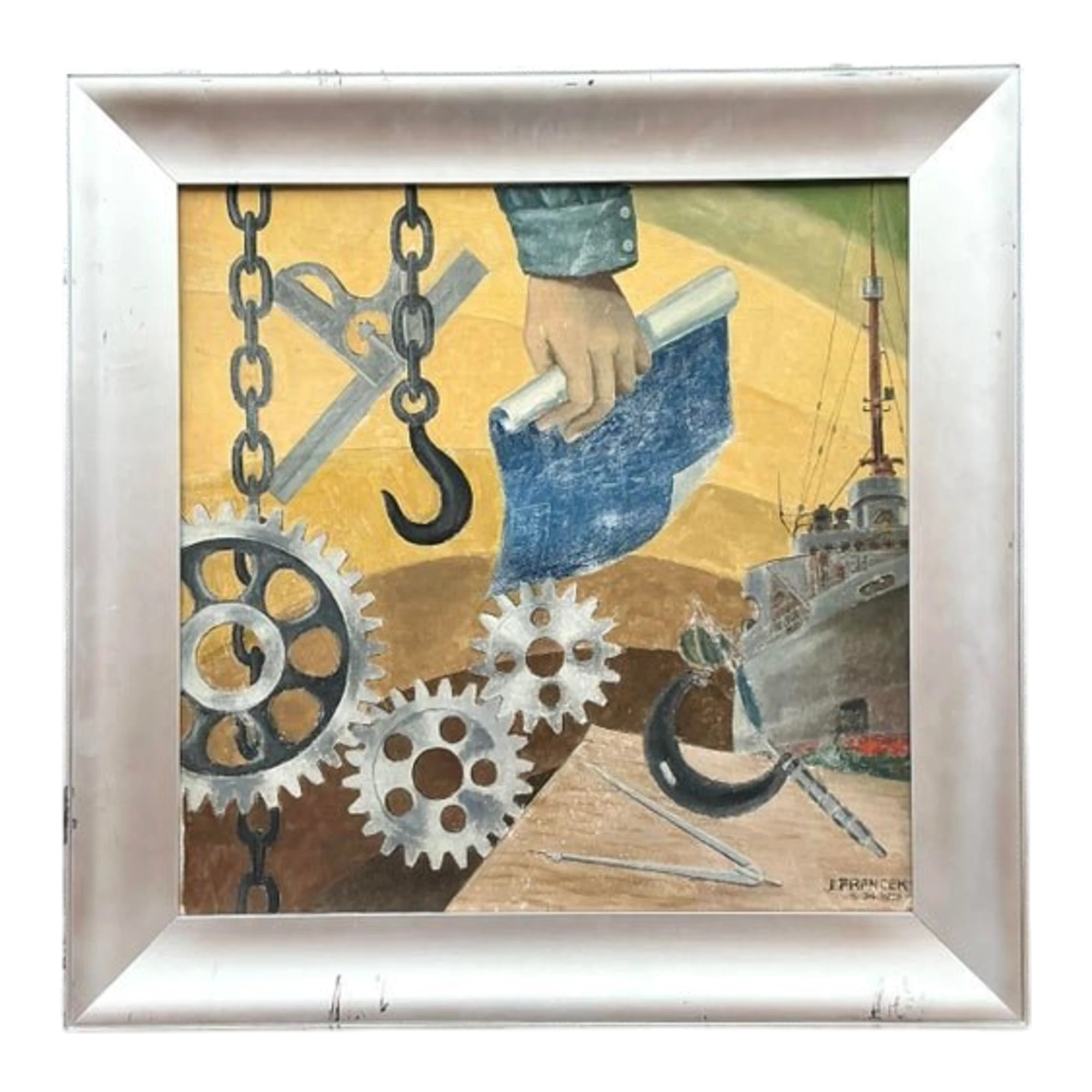 Mid 20th Century Vintage Boho Wpa Original Oil on Board