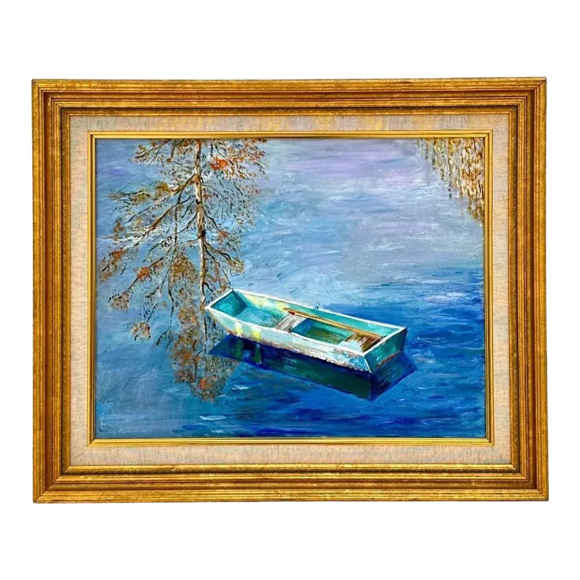 Mid 20th Century Vintage Coastal Original Oil Painting of Rowboat, Framed