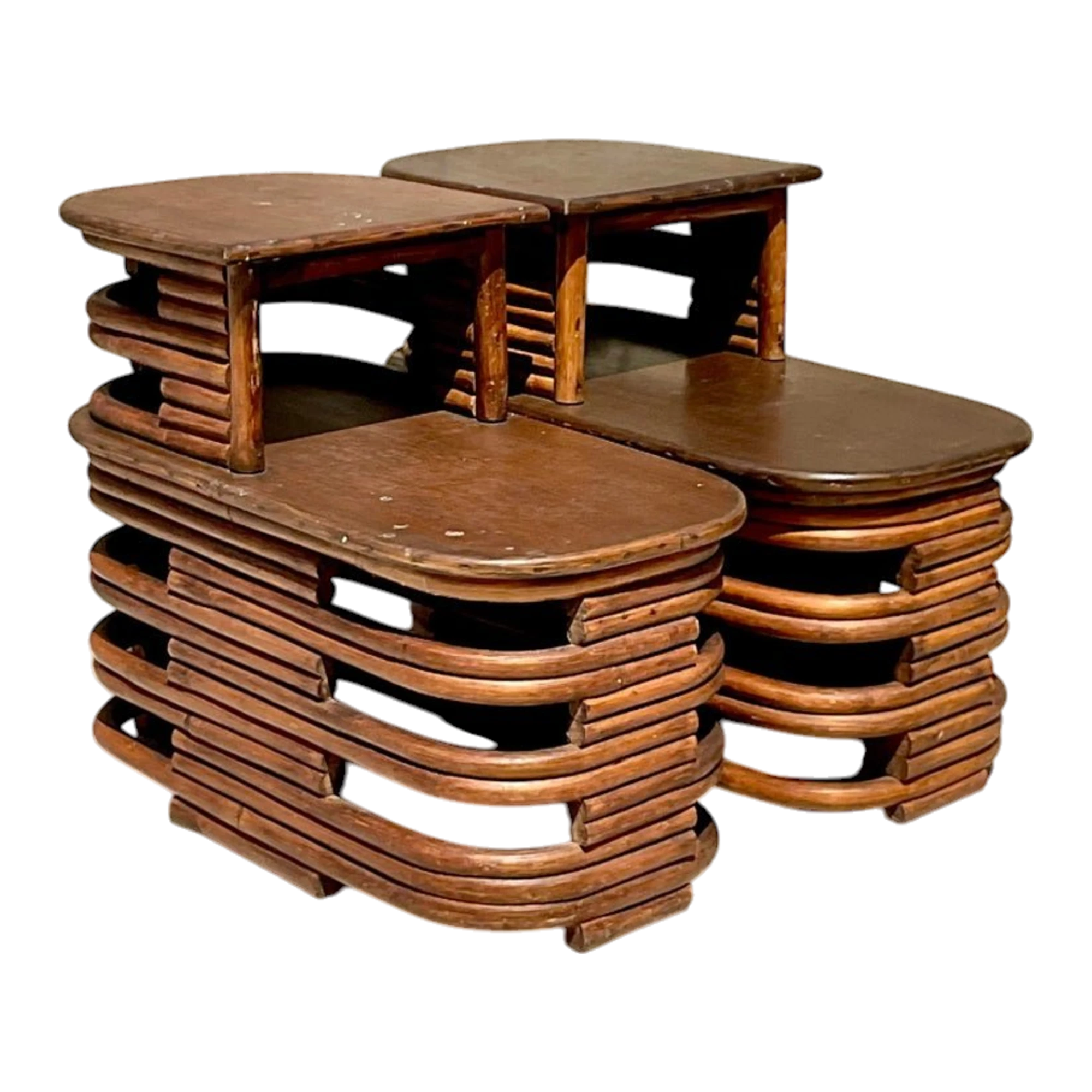 Mid 20th Century Vintage Coastal Paul Frankl Stacked Rattan Side Tables - a Pair