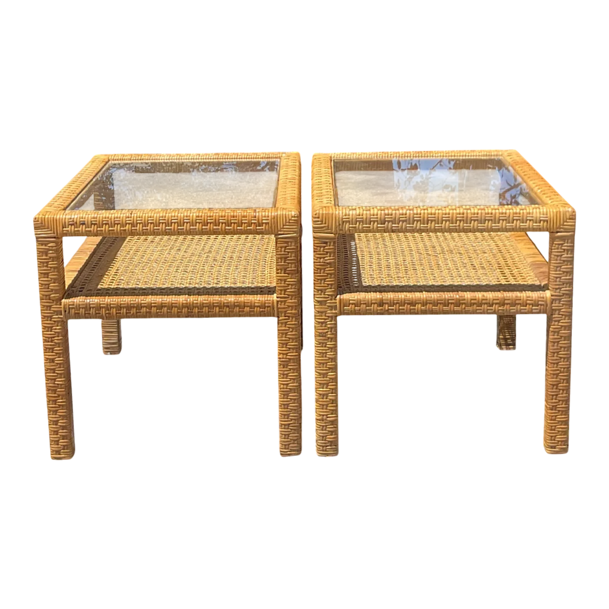 Mid 20th Century Vintage Coastal Woven Rattan Side Tables - Pair of 2