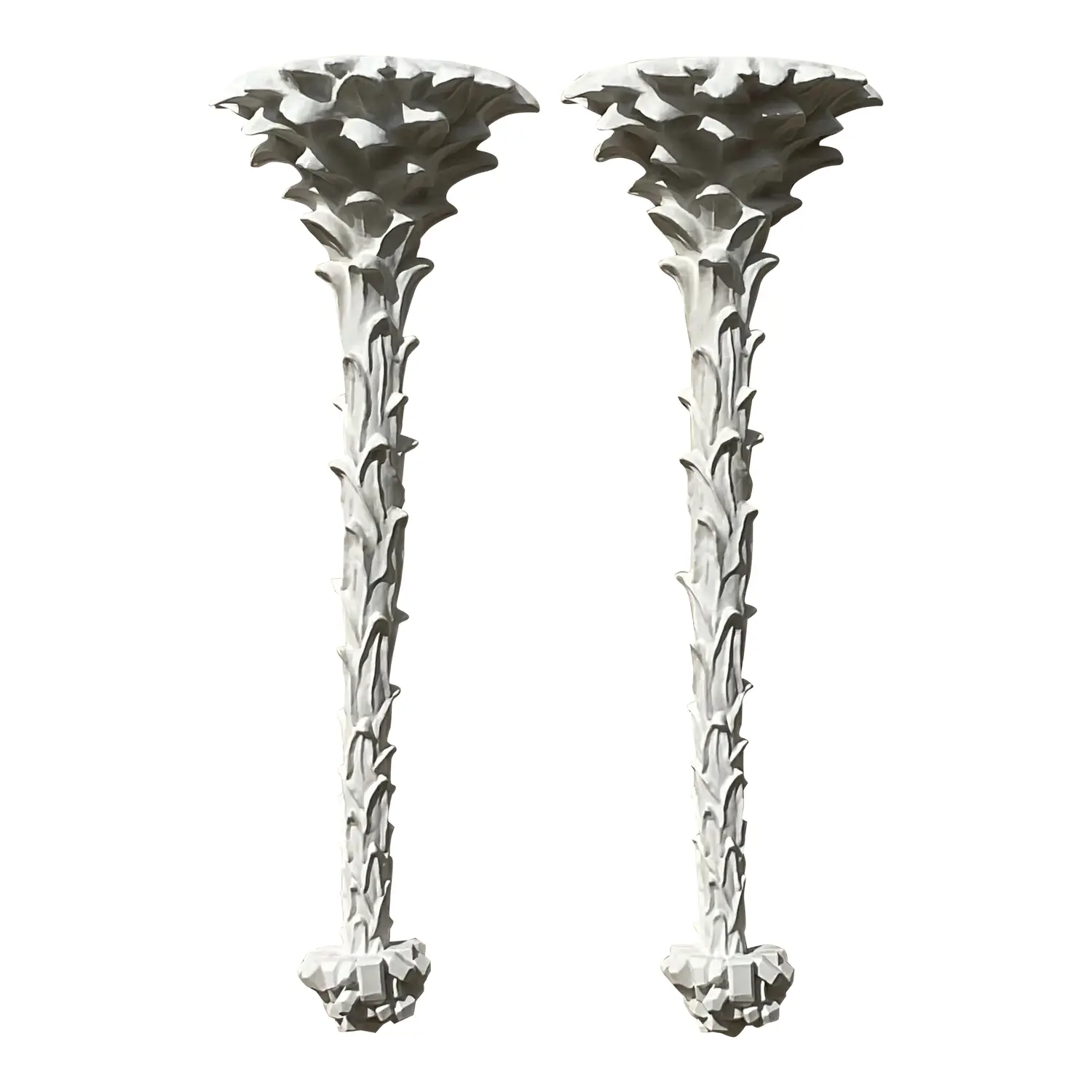 Vintage Coastal Cast White Plaster Palm Tree Wall Light Sconces - A Pair
