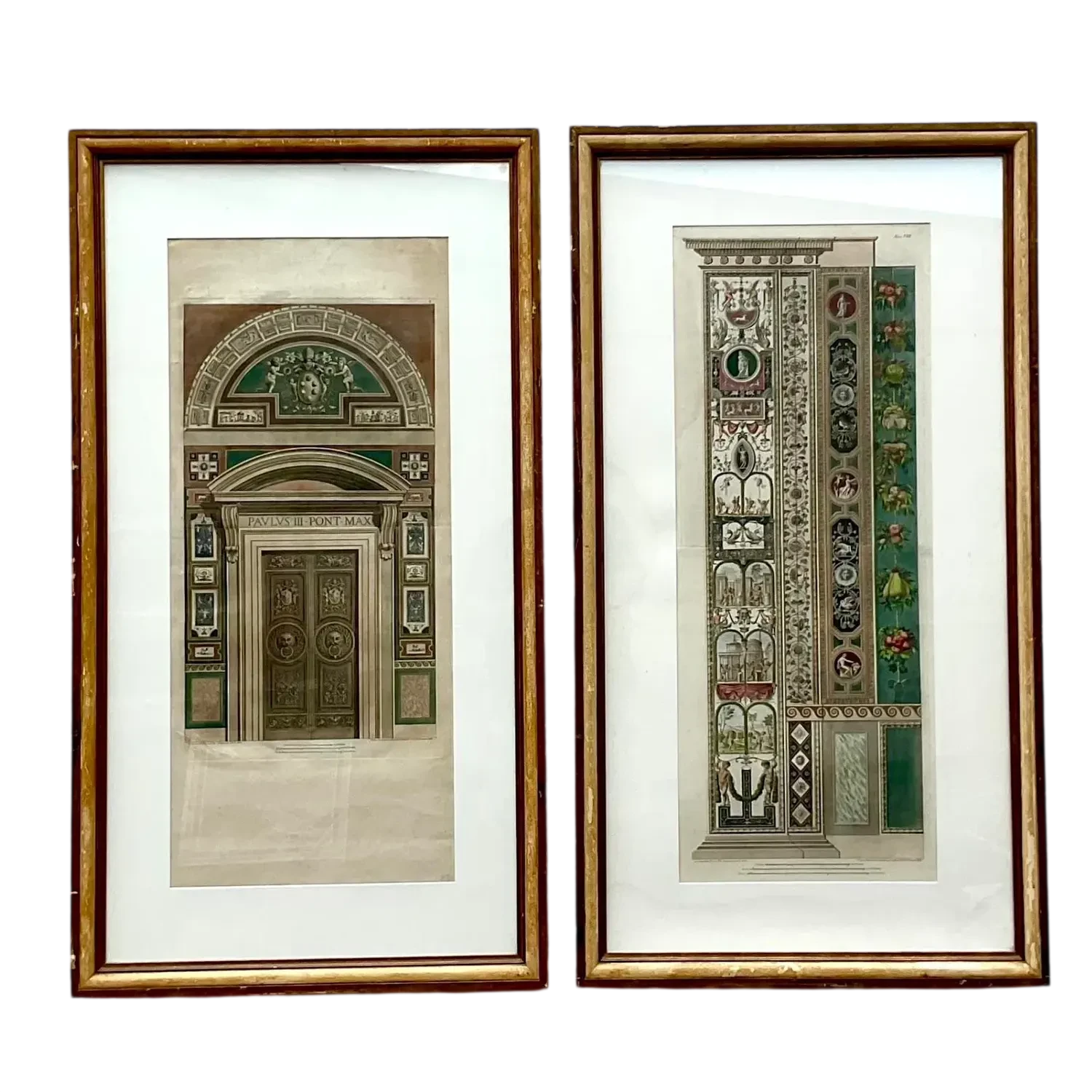 Vintage Pair of Hand Colored Engravings After Raphael “Le Loggie De Raffaello” From the Breakers Hotel