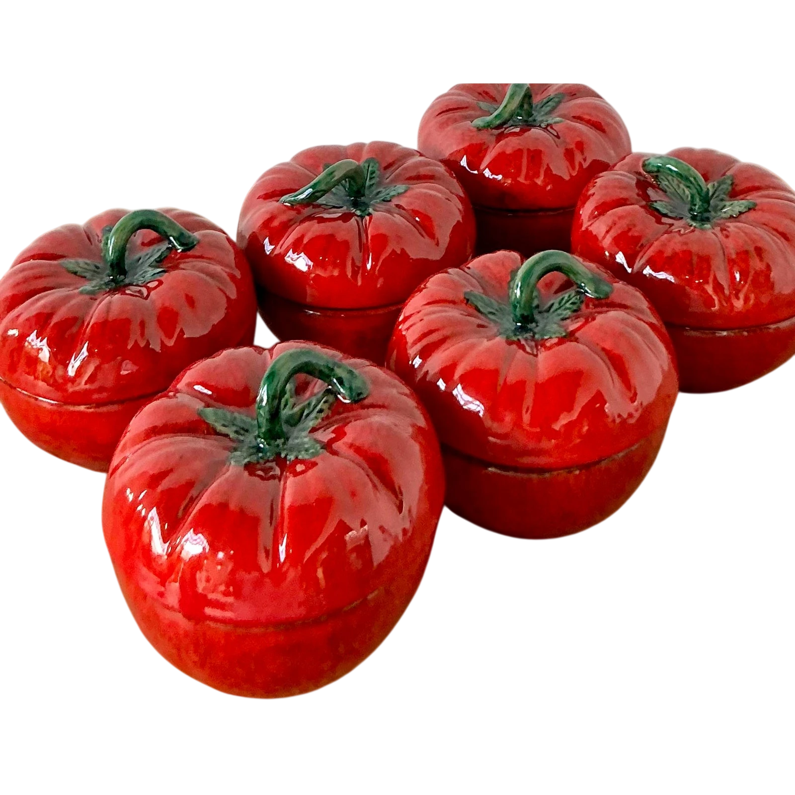 Vintage 1960s Italian Glazed Ceramic Tomato Lidded Bowls - Set of 6 — additional photo 1