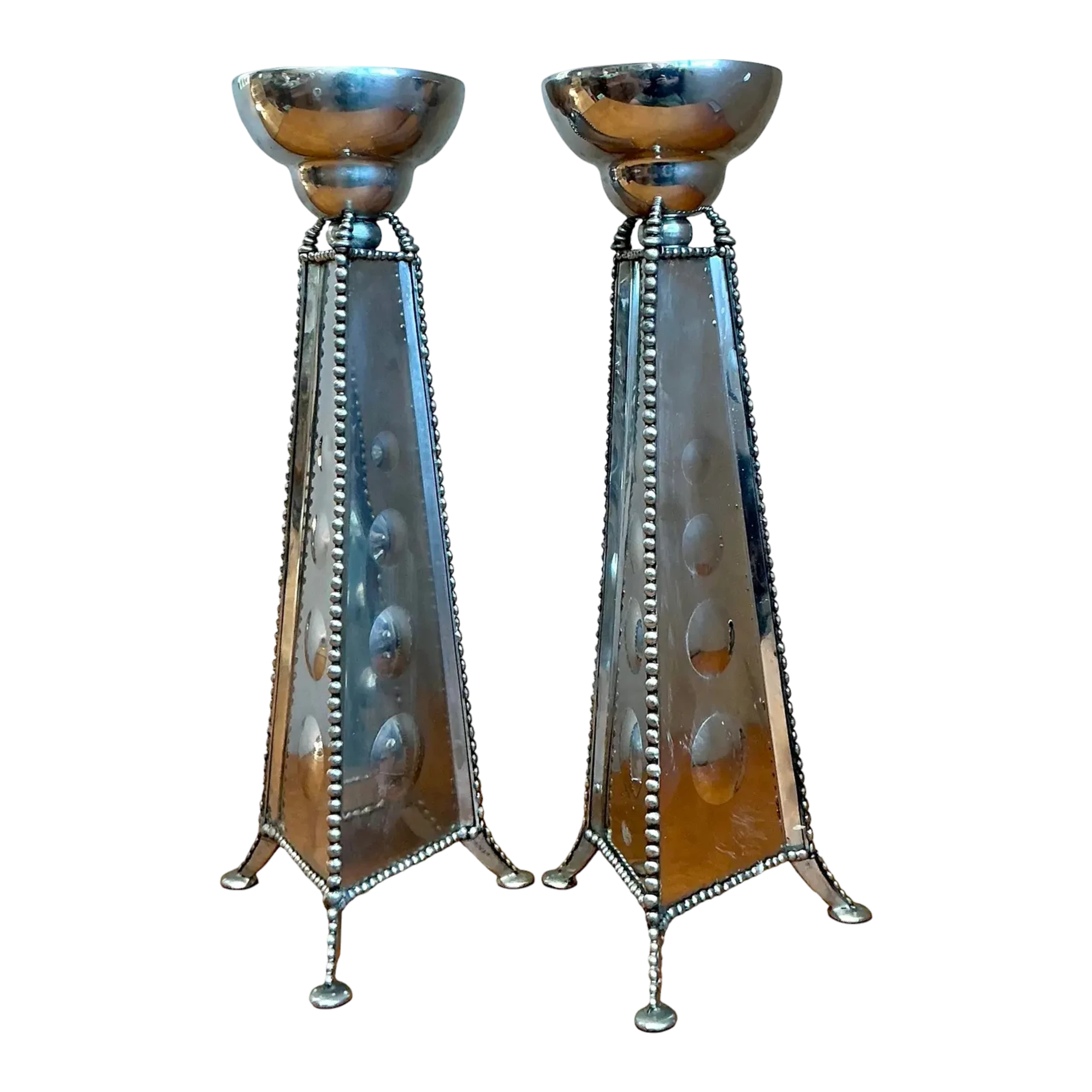 Vintage 1994 Signed Mirrored Candlestick Holders - A Pair