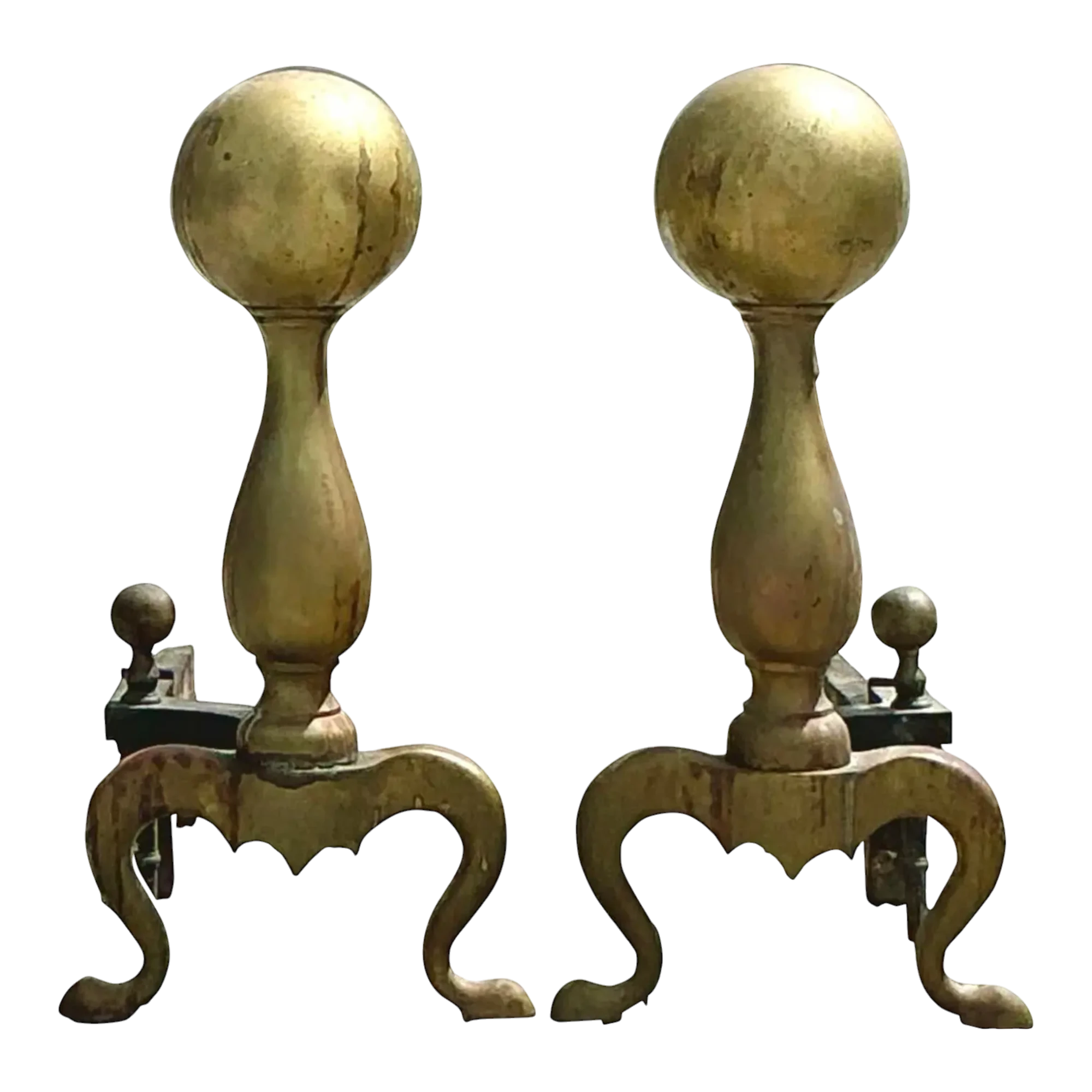 Vintage 19th Century Brass Cannonball Andirons - Set of 2