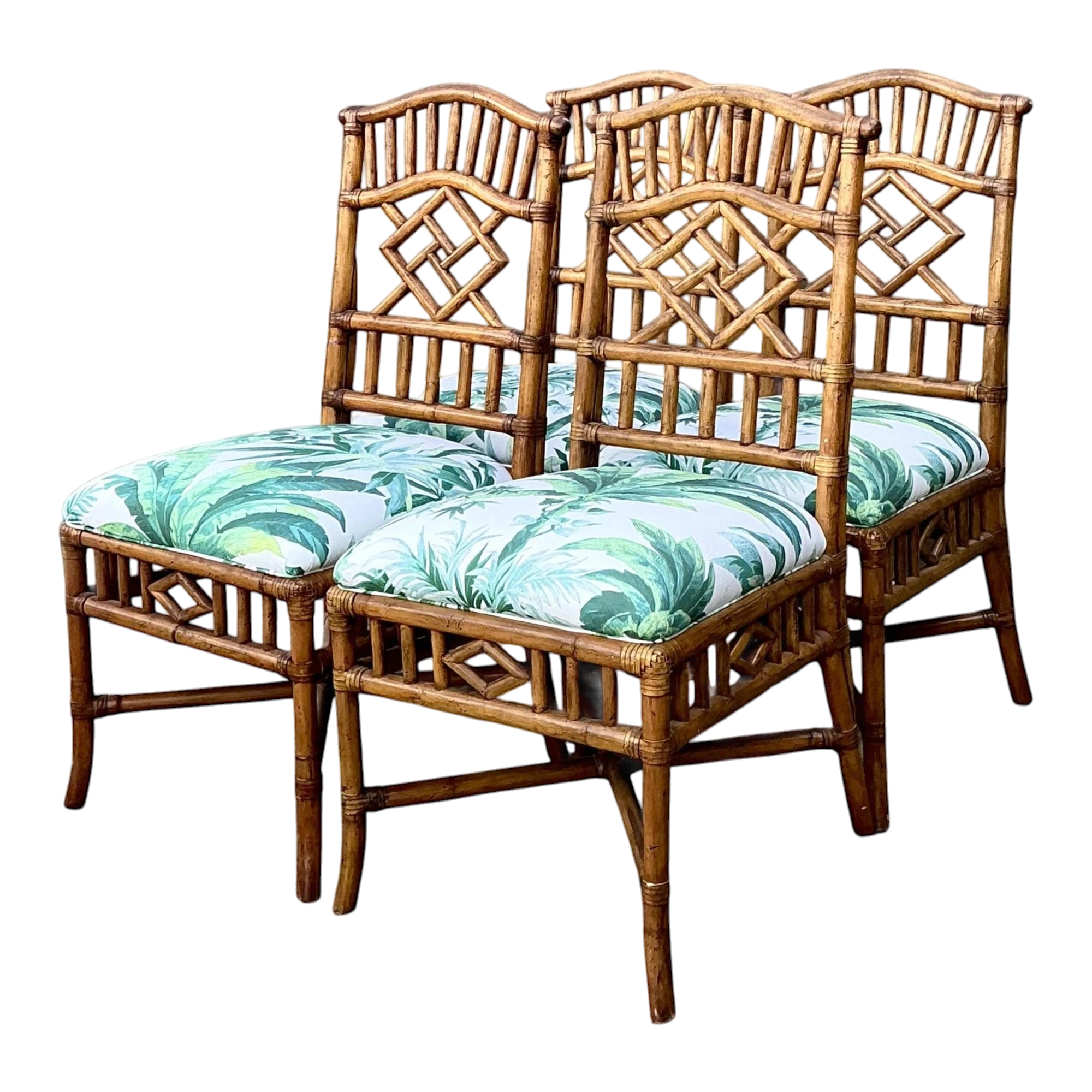 Vintage Arched Back Rattan Dining Chairs in Manuel Canovas - Set of 4