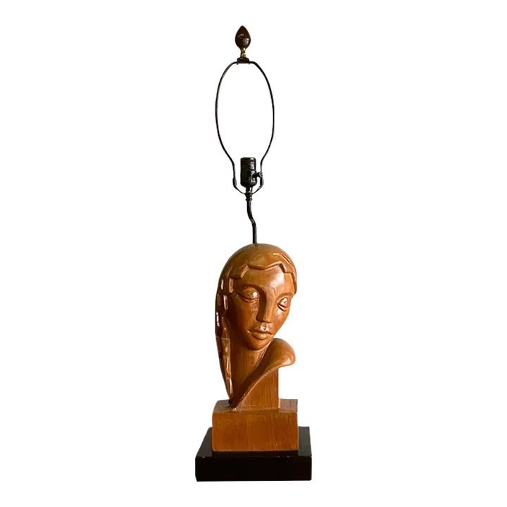 Vintage Art Deco Hand Carved Lady Table Lamp
