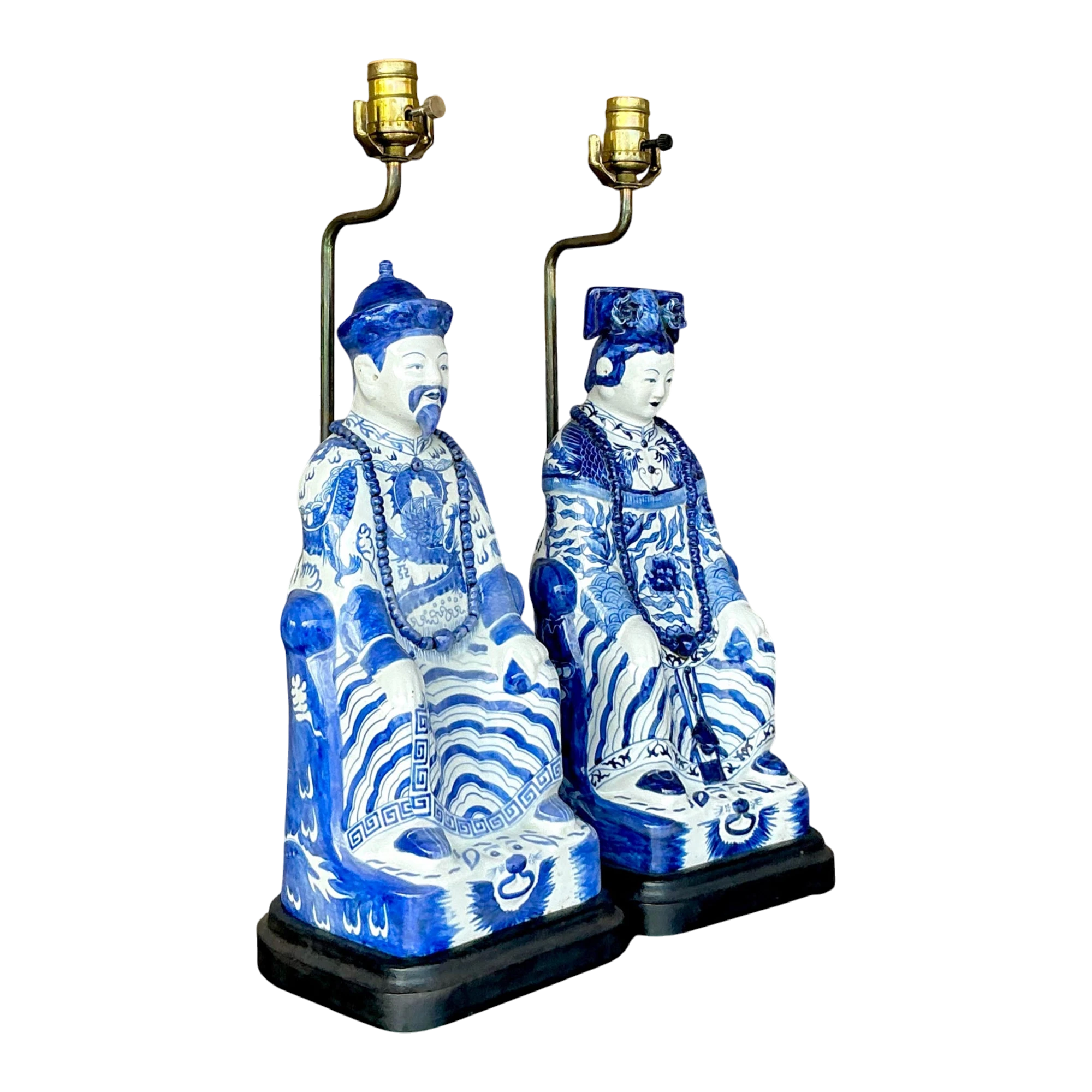 Vintage Asian Blue and White Emperor Lamps - A Pair