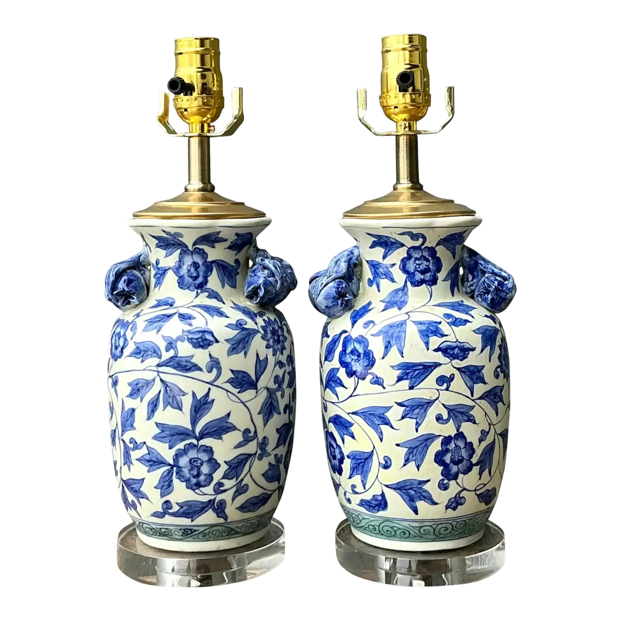 Vintage Asian Blue and White Floral Ceramic Lamps - A Pair