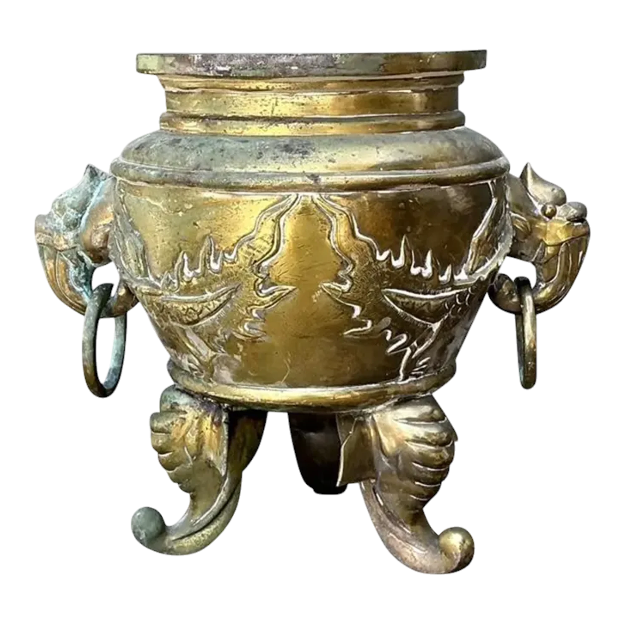 Vintage Asian Brass Dragon Cache Pot