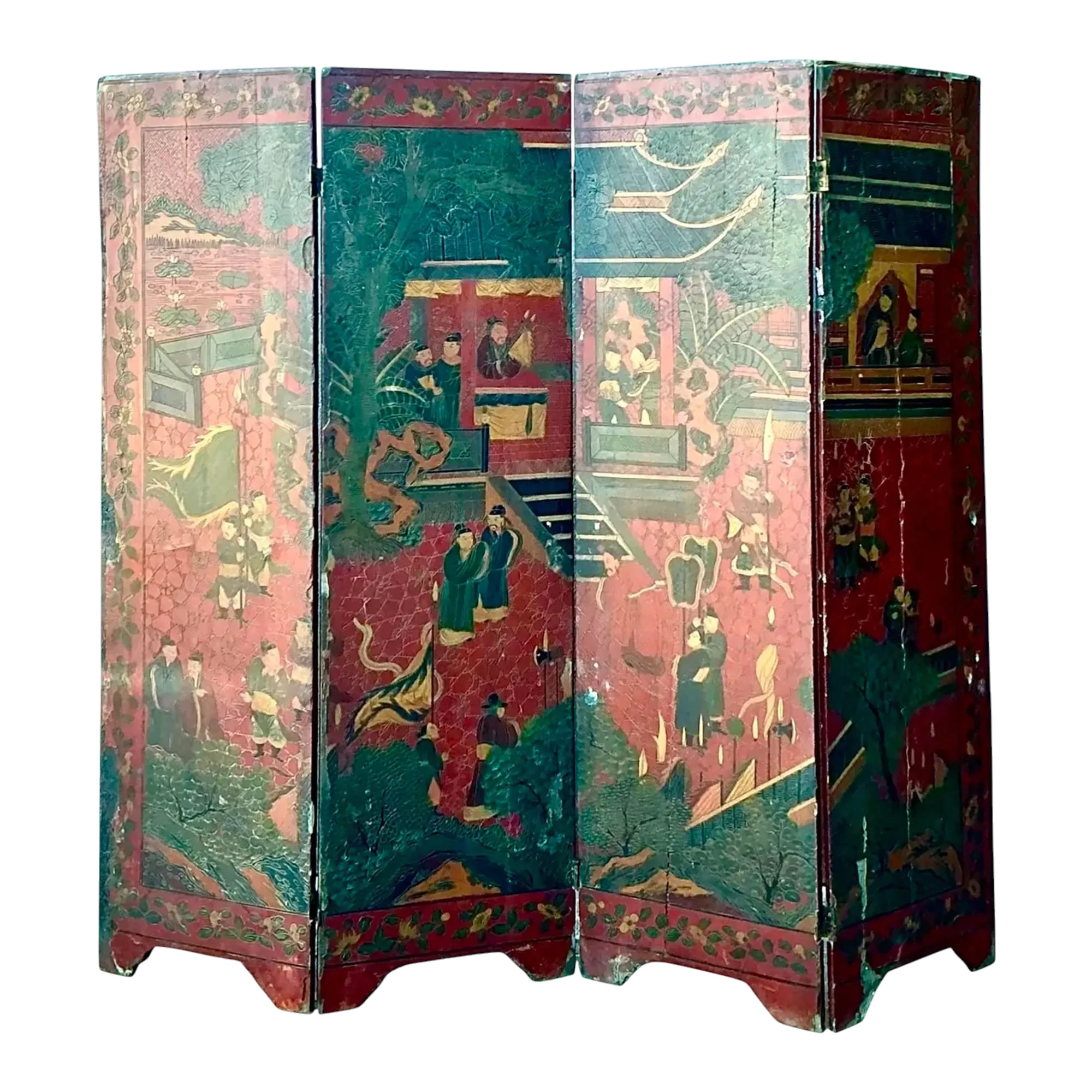 Vintage Asian Chinoiserie Four Panel Screen