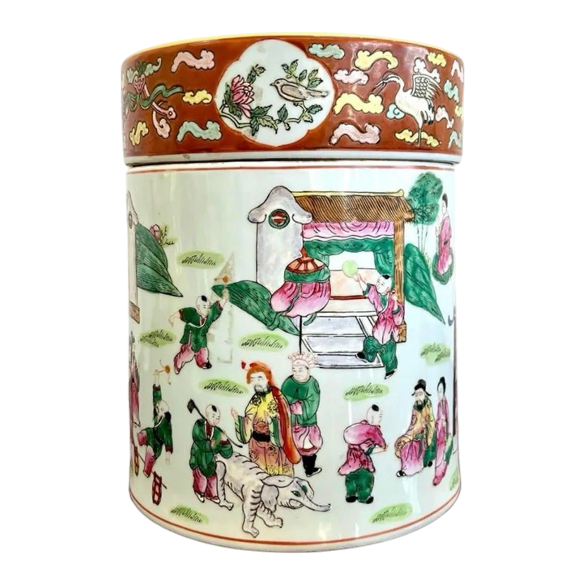 Vintage Asian Chinoiserie Hand Painted Lidded Vase