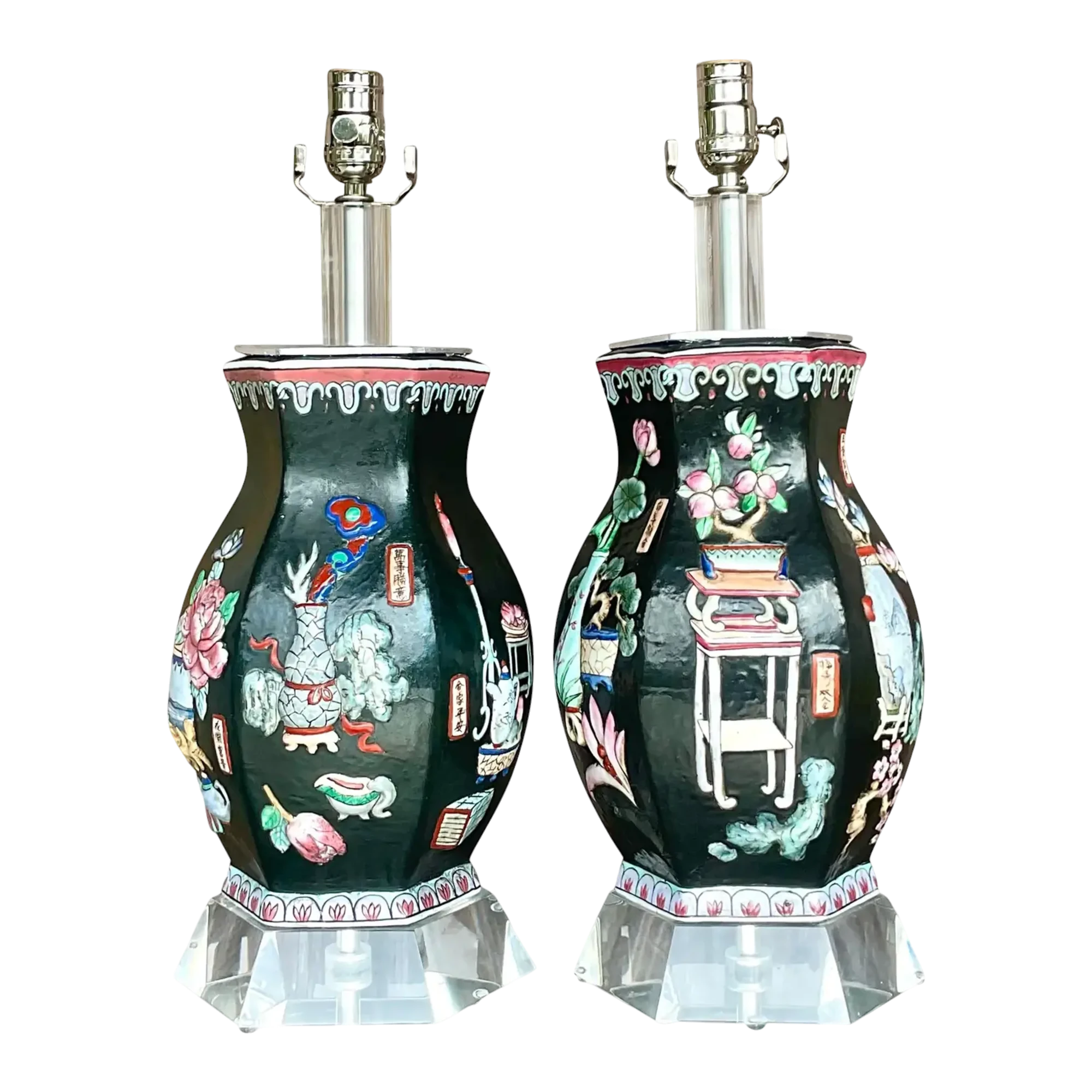 Vintage Asian Chinoiserie Relief Glazed Ceramic Lamps - a Pair