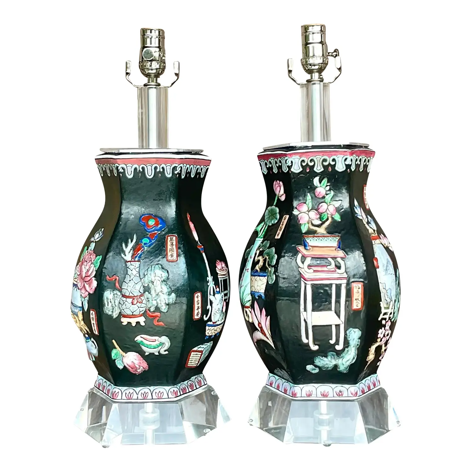 Vintage Asian Chinoiserie Relief Glazed Ceramic Lamps - a Pair