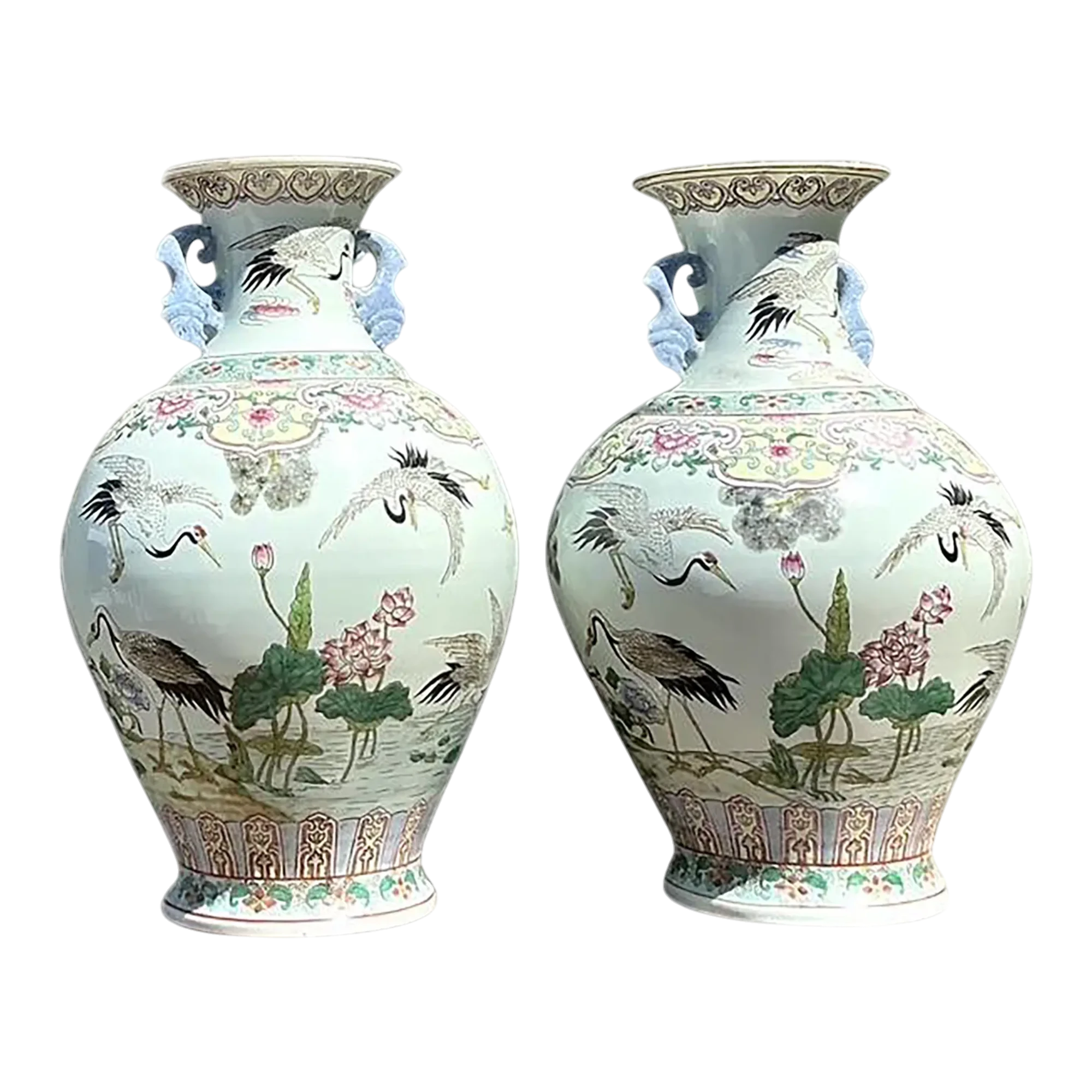 Vintage Asian Hand Painted Crane Urns - A Pair