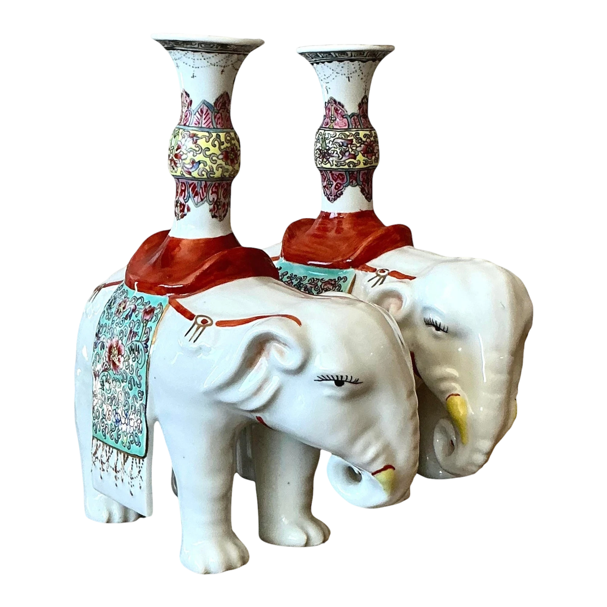 Vintage Asian Opposing Glazed Ceramic Elephant Candlesticks - A Pair