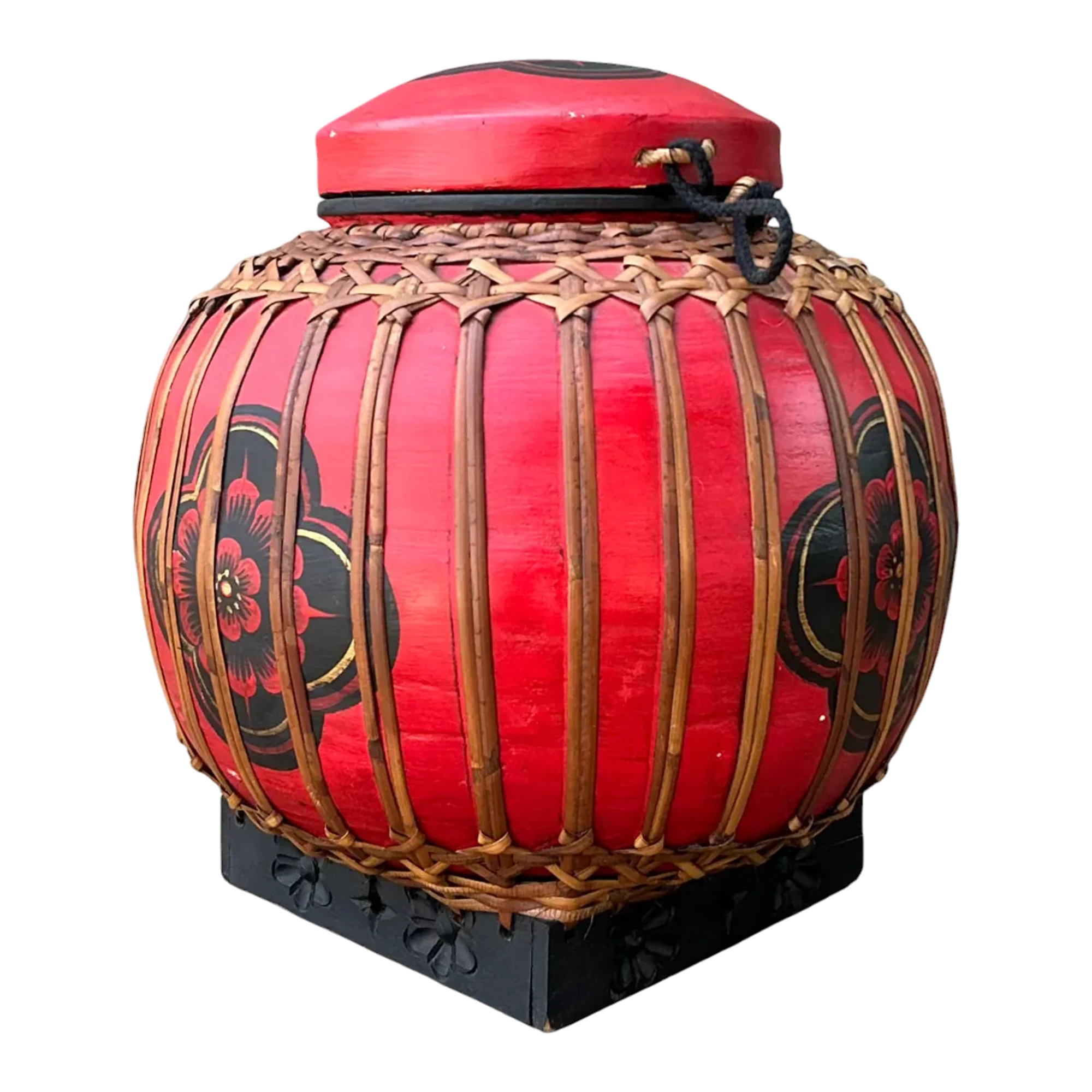 Vintage Asian Rattan Wrapped Lidded Basket