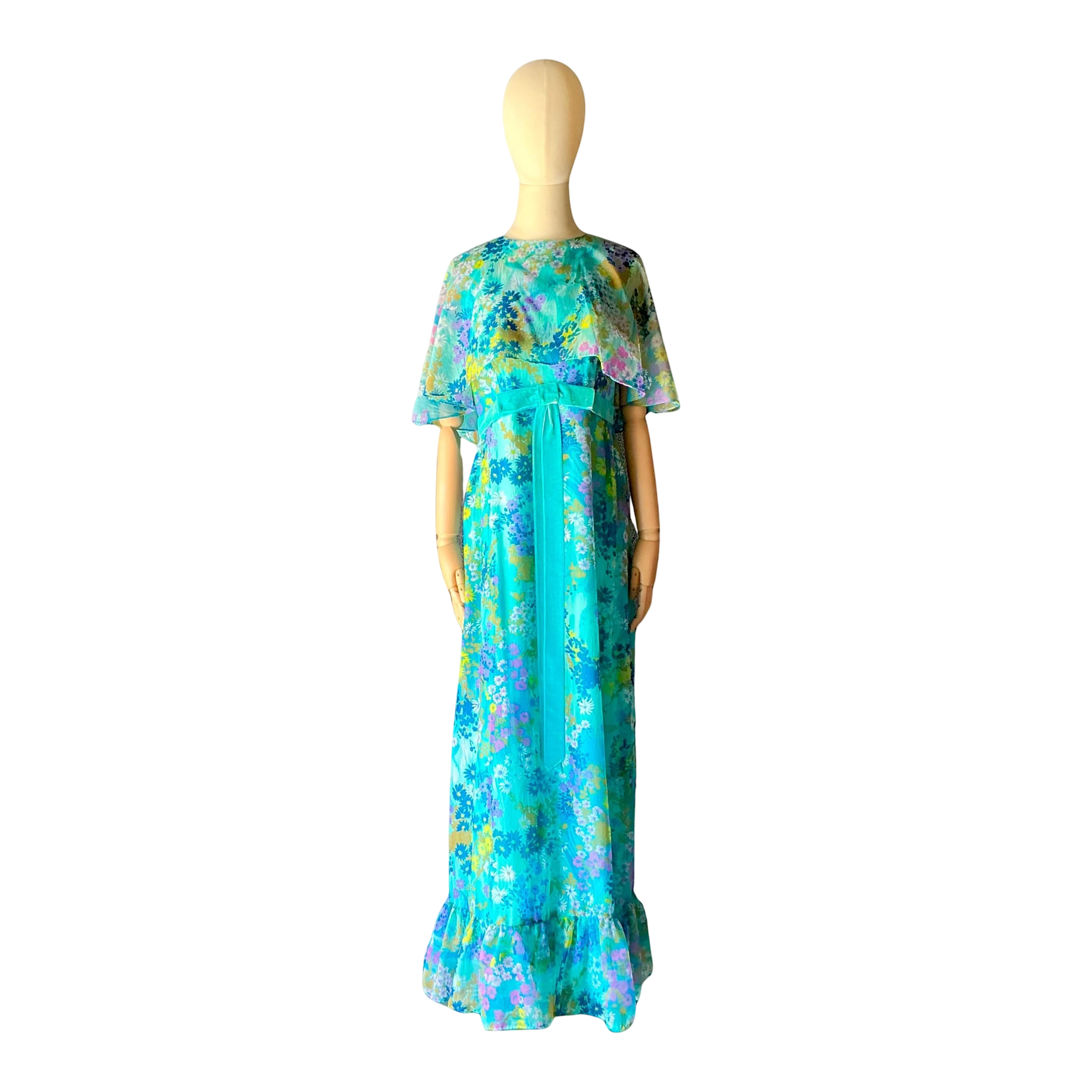 Vintage Blue Floral Dress with Bow — additional photo 1