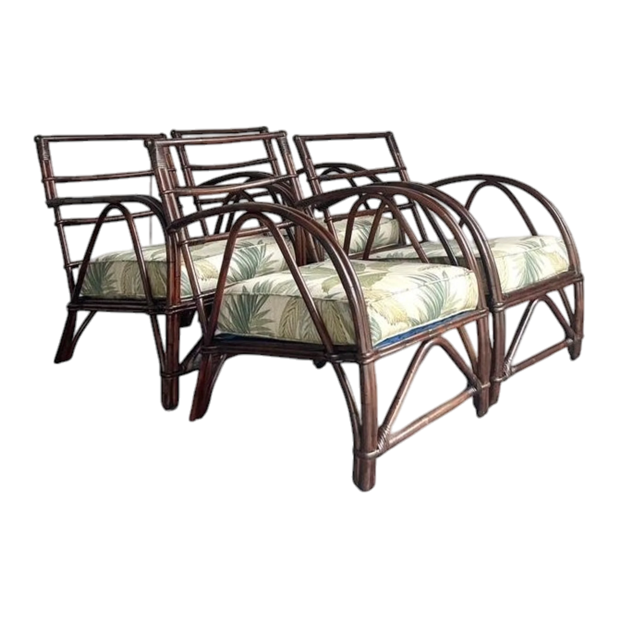 Vintage Boho 1940s Wicker Craft Bent Rattan Lounge Chairs - Set of 4