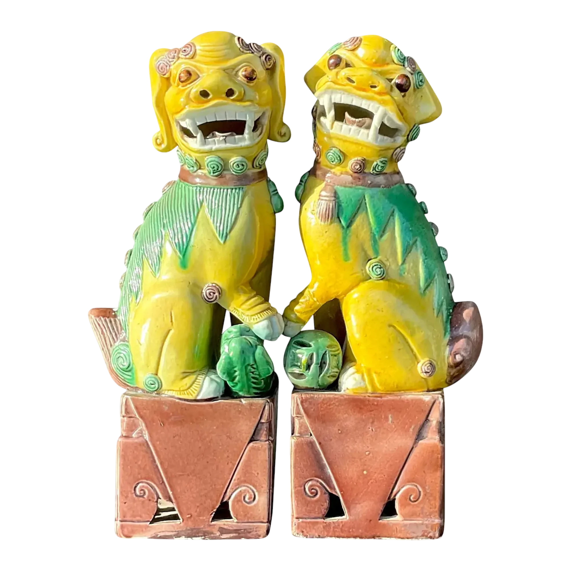 Vintage Boho 19th Century Glazed Ceramic Foo Dogs - a Pair