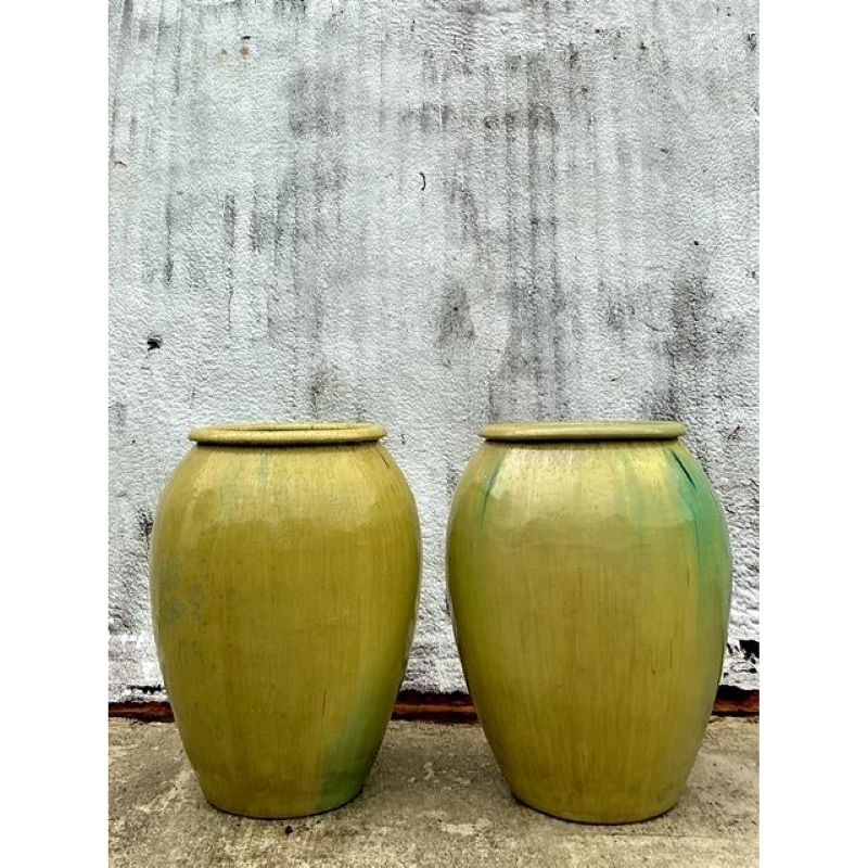 Vintage Boho a Monumental Glazed Ceramic Urns - A Pair