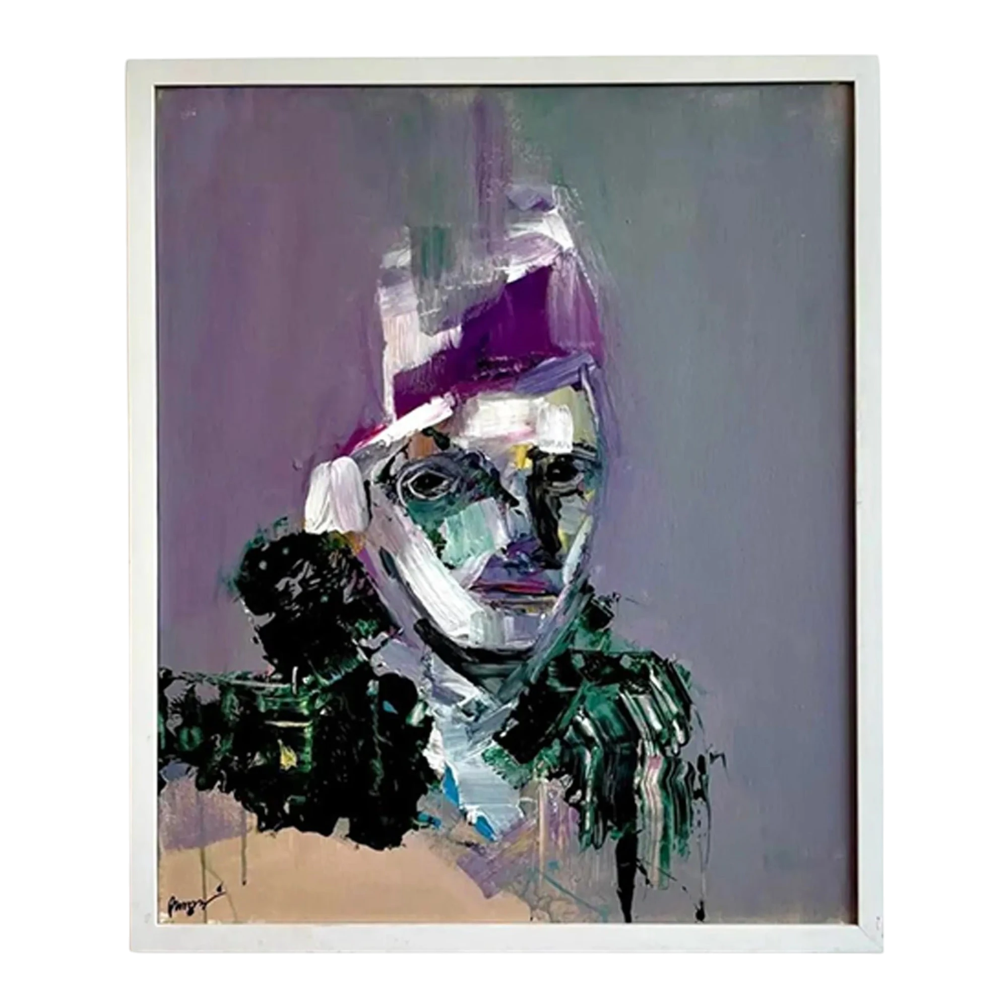 Vintage Boho Abstract Purple Tone Painting in White Frame