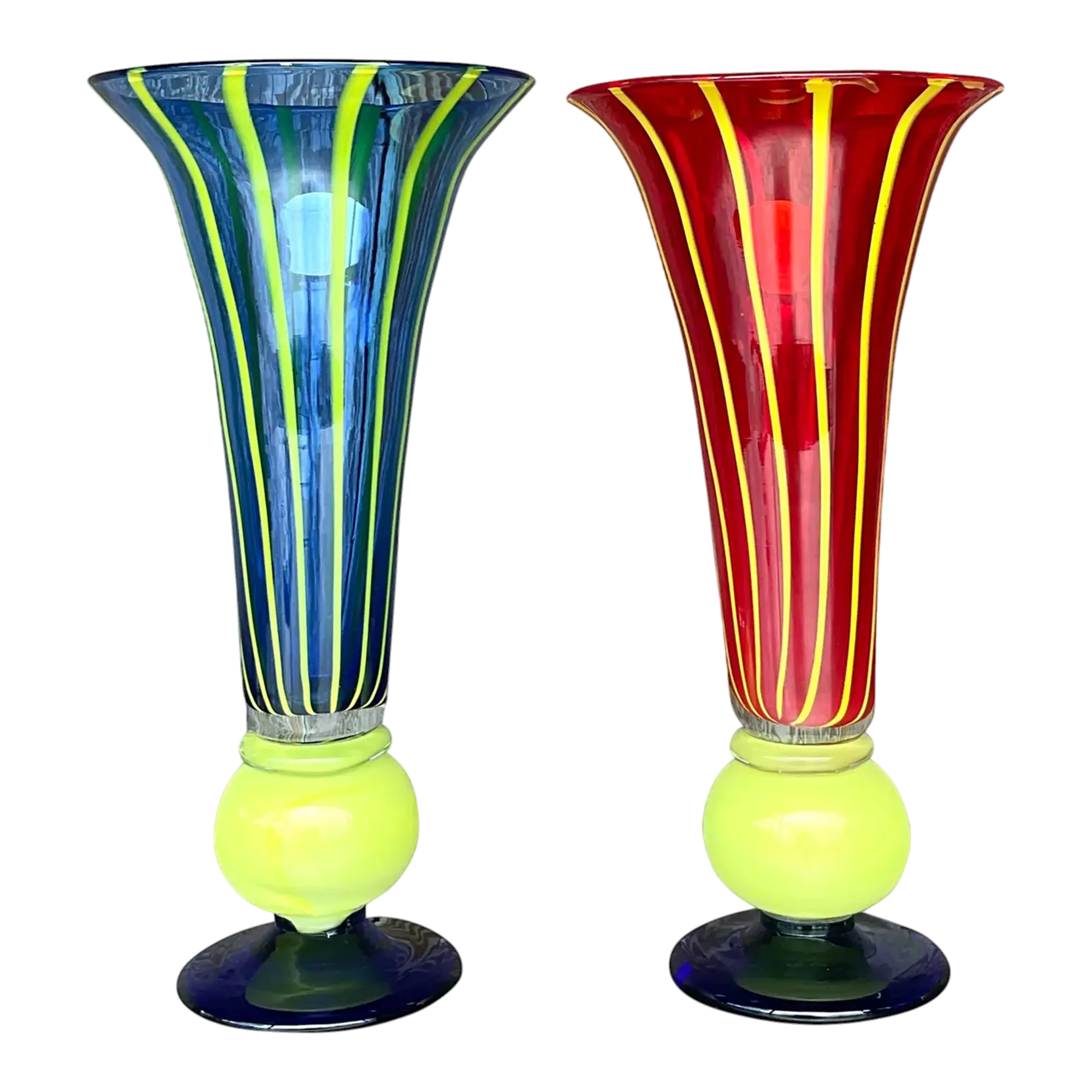 Vintage Boho Art Glass Trumpet Vases - Set of 2