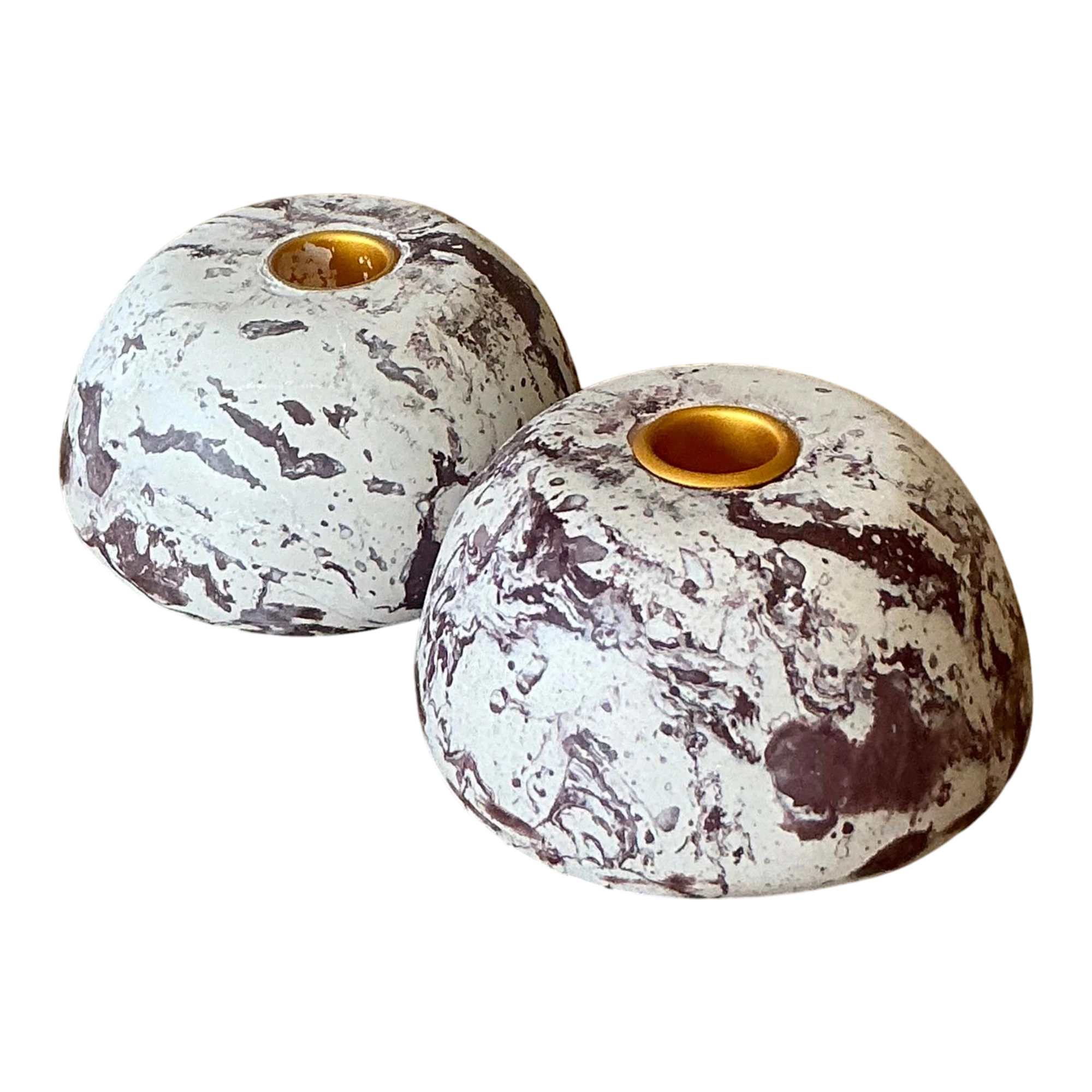 Vintage Boho Artisan Pigmented Plaster Scagliola Low Dome Candlestick Holders - Set of 2
