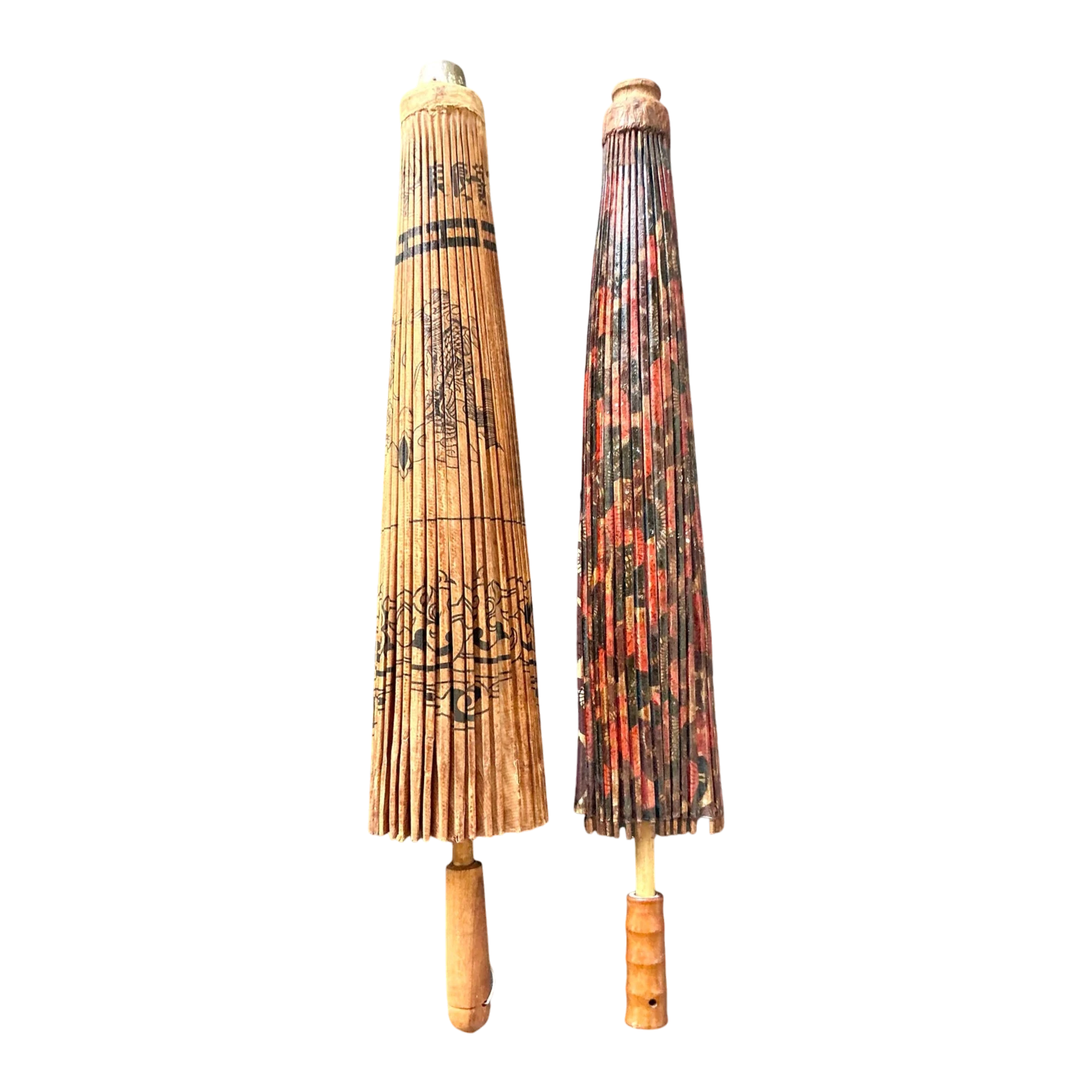Vintage Boho Asian Patinated Paper Parasols - Set of 2