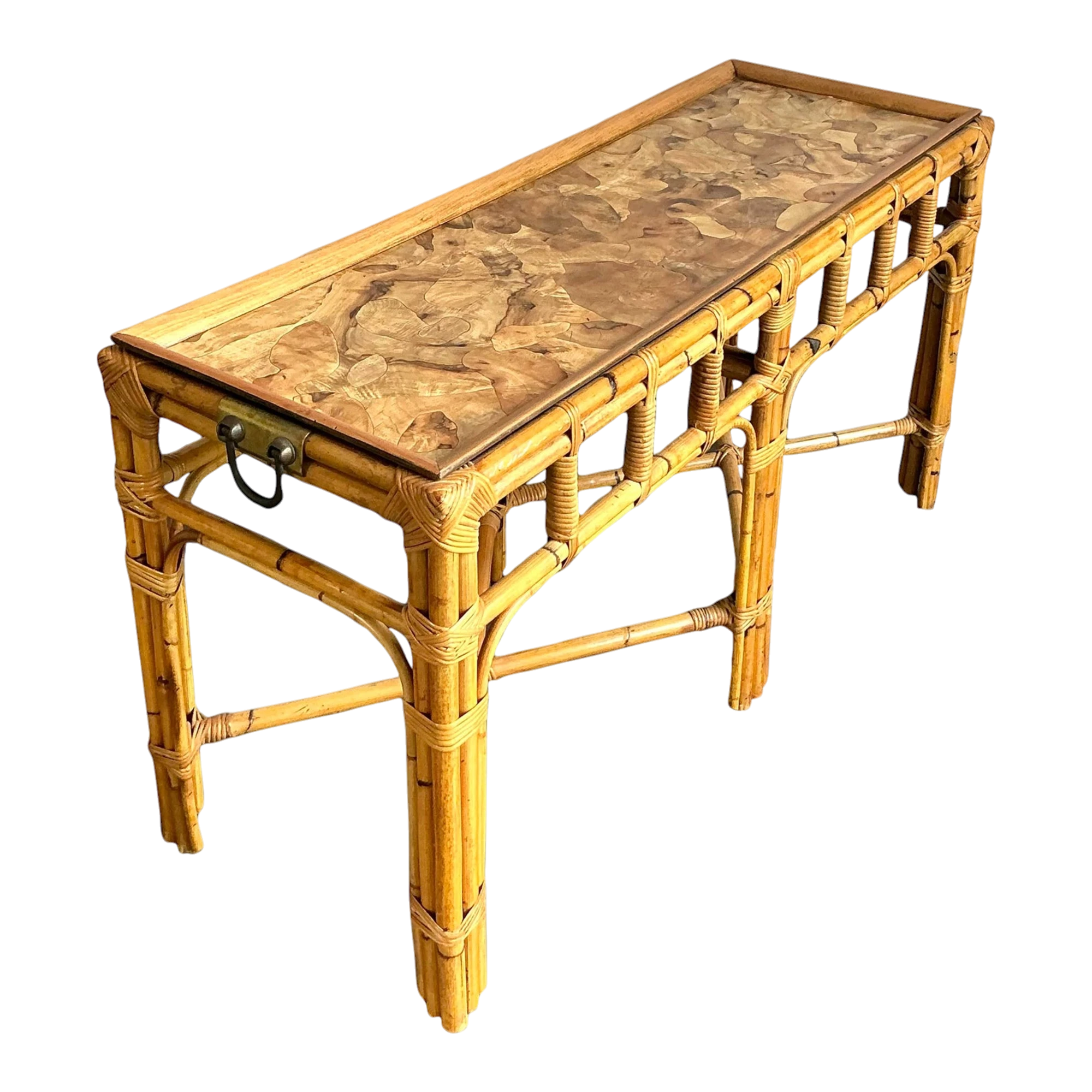 Vintage Boho Bamboo and Burlwood Console Table